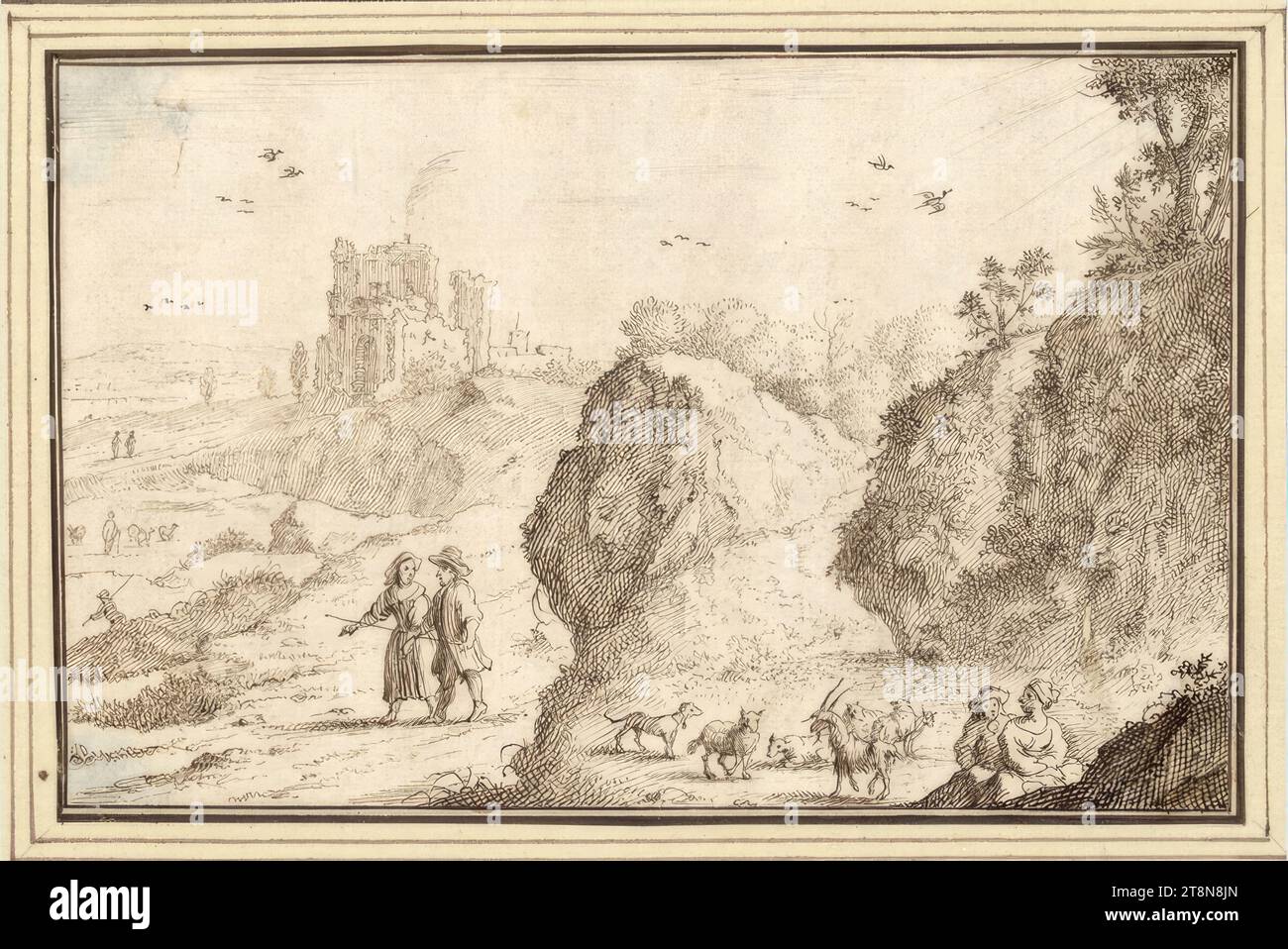 Paesaggio roccioso con paia di pastori (volti umani nella roccia) (i-14f), '1er Livre de Dessin' con 20 fogli, Albert Flamen (Bruges c. 1620 - dopo 1693 Parigi), disegno, penna e inchiostro in marrone, 11,5 x 16 .0 cm Foto Stock