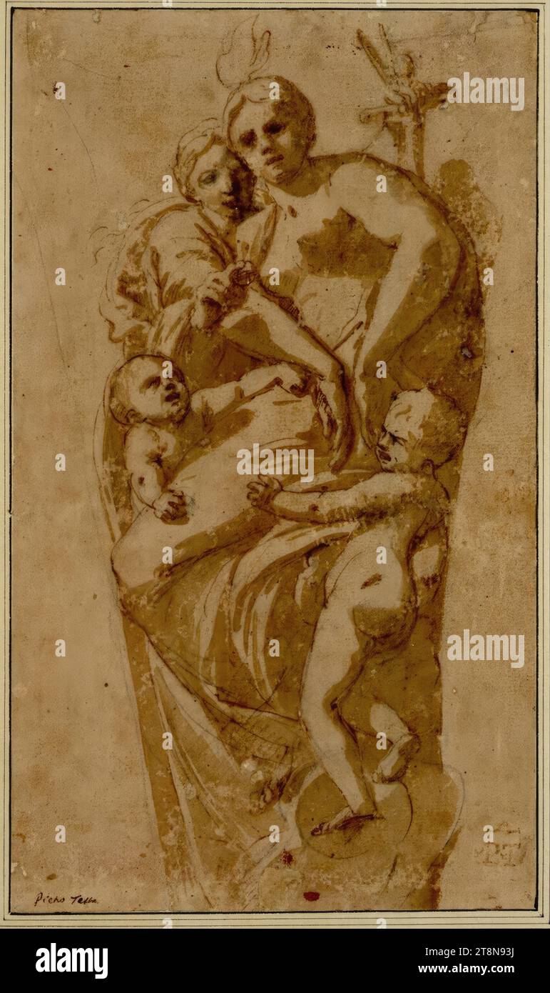 Giustizia e carità. (Spandrel), Pietro testa (Lucca 1611–1650 Roma), disegno, gesso; piuma; lavata; carta marrone; delimitata con una spazzola come un fazzoletto di rinforzo, 36,5 x 21,4 cm, l. Duca Alberto di Sassonia-Teschen, in basso a sinistra nella vecchia mano 'Pietro testa'; timbro delle iniziali dell'artista 'P. T' in marrone Foto Stock