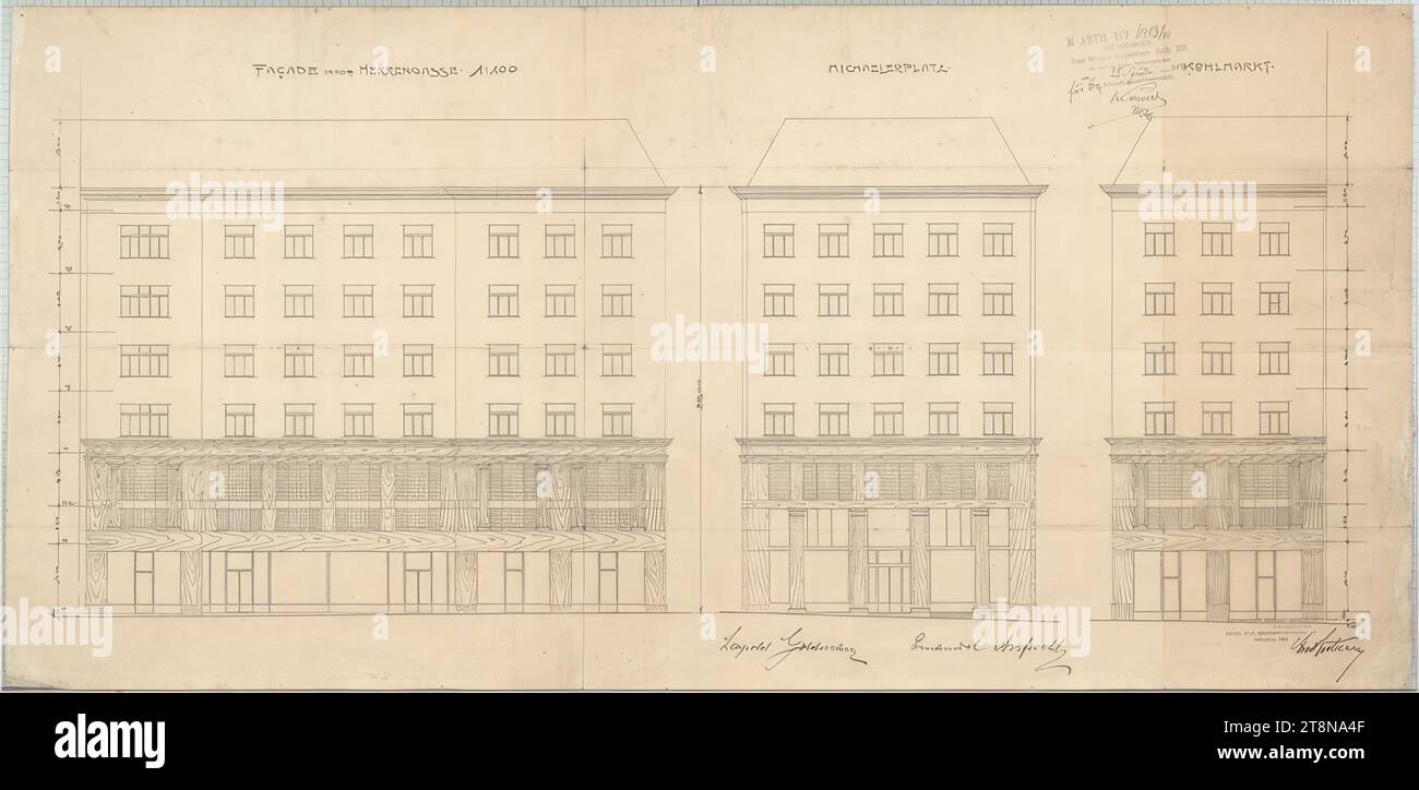 House on Michaelerplatz (Goldman & Salatsch business premises, Looshaus), Vienna I., Michaelerplatz 3, ristrutturazione di facciate, 1909 - 1911, disegno architettonico, rottura, 399 x 825 mm Foto Stock