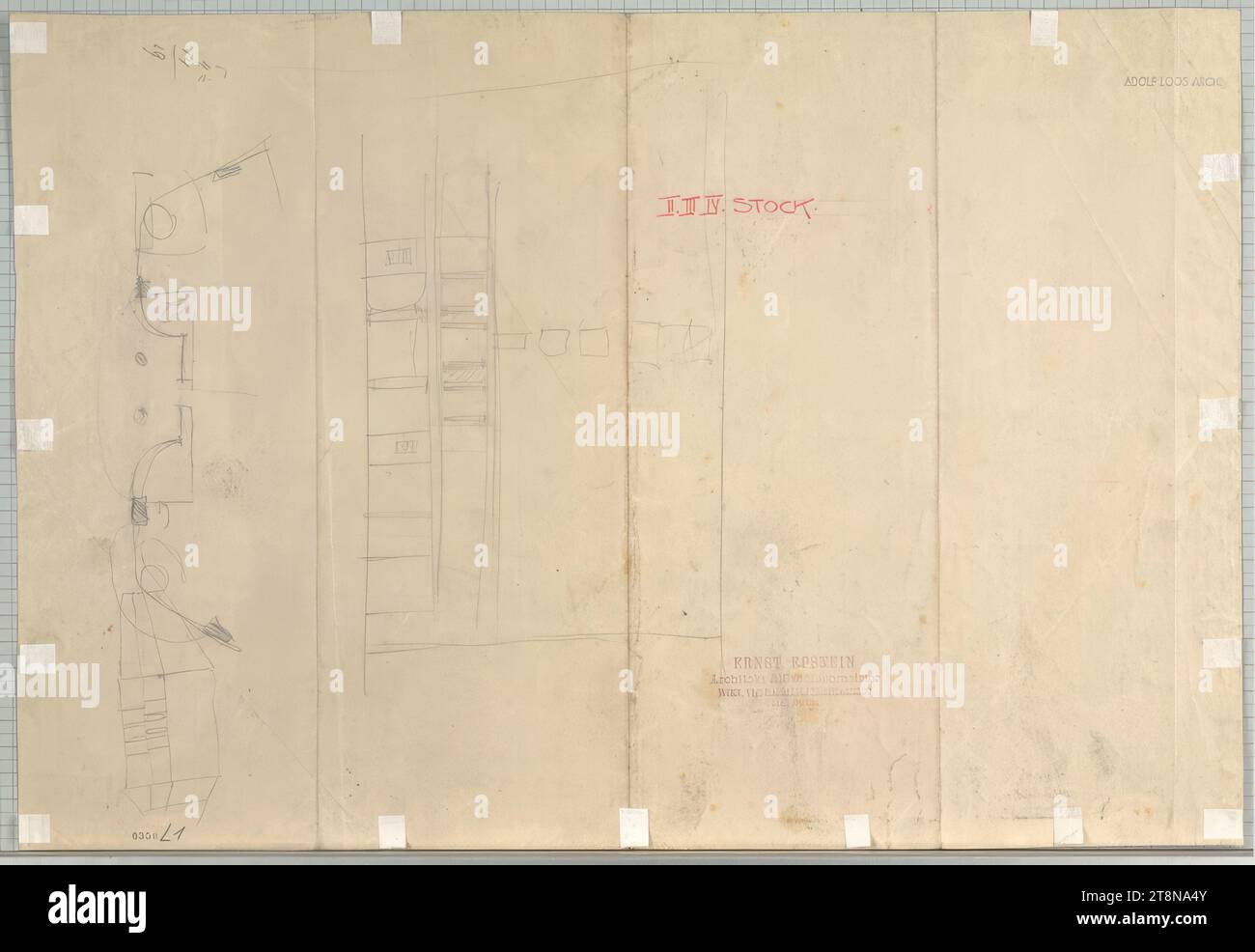 House on Michaelerplatz (Goldman & Salatsch business premises, Looshaus), Vienna I., Michaelerplatz 3, schizzo della zona del portale, 1909, pianta, carta, matita, 319 x 469 mm Foto Stock