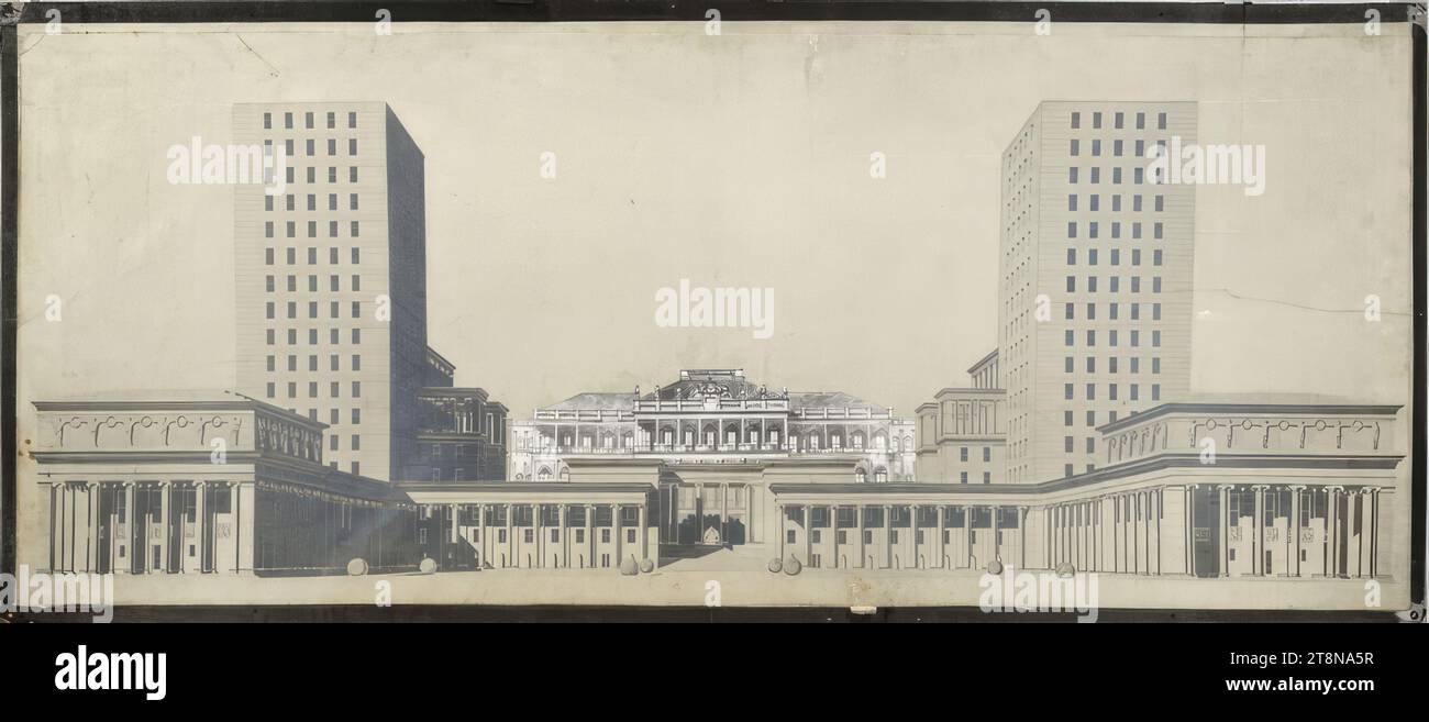 Sviluppo dei terreni orticoli, Vienna I., Parkring, prospettiva, bacheca della mostra "Adolf Loos", Hagenbund, Vienna I., Zedlitzgasse 6, 6 dicembre, 1930 - 4 gennaio 1931, 1917, disegno architettonico, fotomontaggio, 446 x 1094 mm Foto Stock