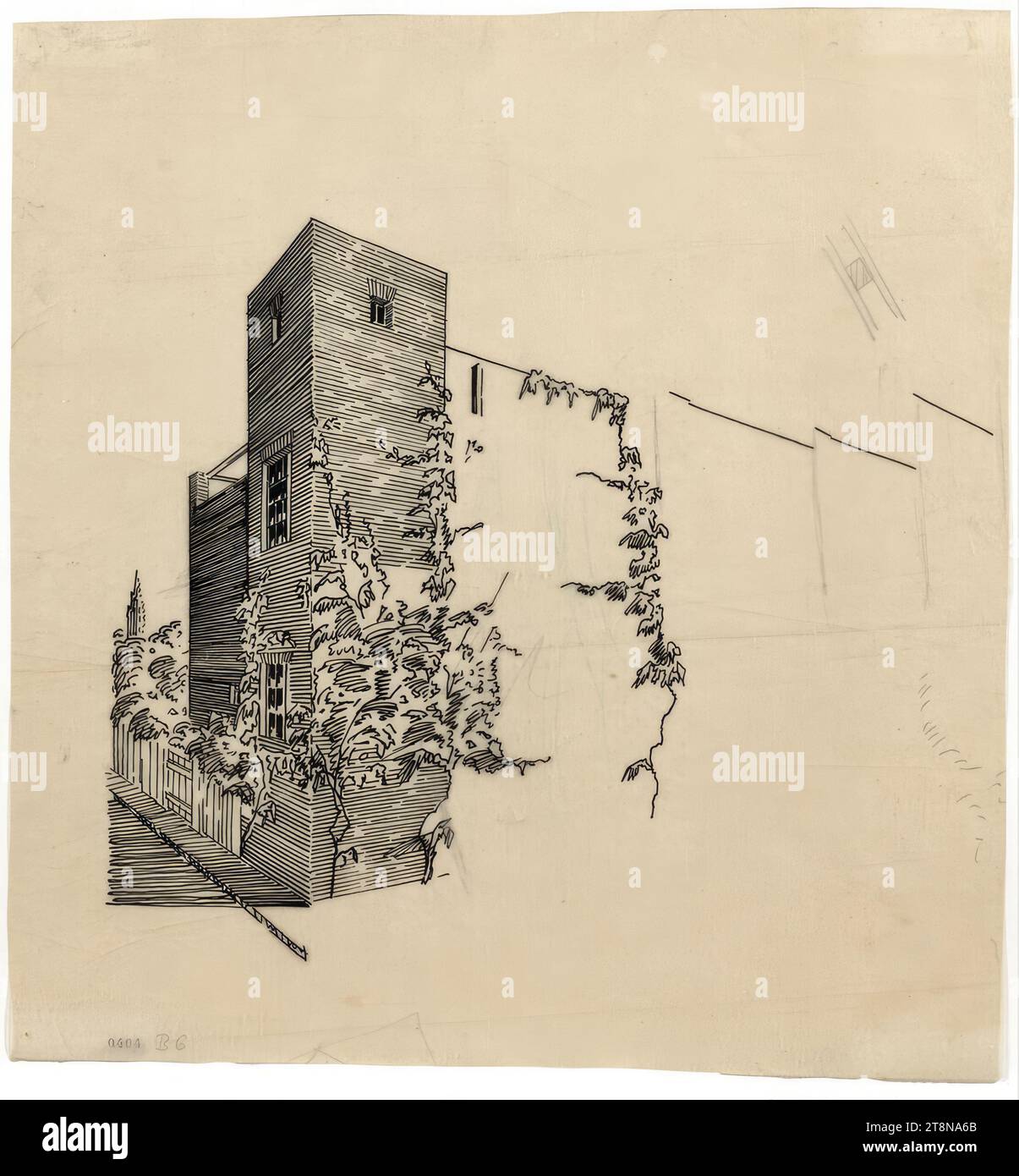 Case di insediamento, Vienna, insediamento di fila, casa d'angolo, assonometrica, 1921, disegno architettonico, Transpapier; inchiostro, 309 x 294 mm Foto Stock