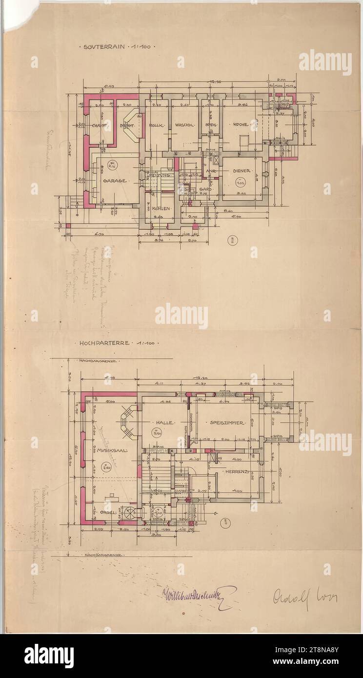 Casa Willibald Duschnitz (conversione ed ampliamento), Vienna IX., Weimarer Straße 87 (ex Carl-Ludwig-Straße 73), piano di adattamento, seminterrato, piano terra rialzato, 1915-1916, disegno architettonico, stampa, 607 x 343 mm Foto Stock