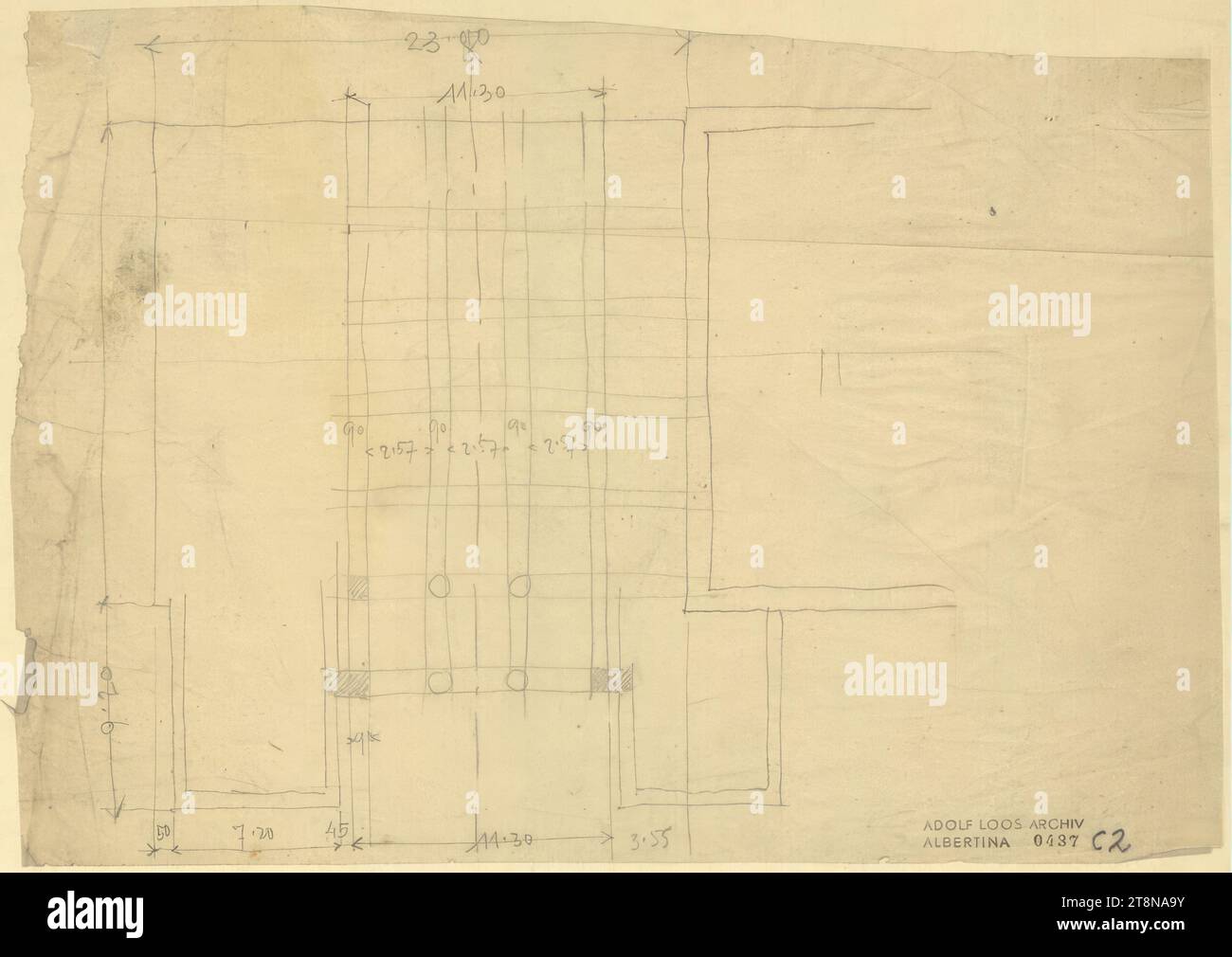 Sviluppo dei terreni orticoli, Vienna I., Parkring, piano di terra, posizioni di colonne, elenco, 1917, disegno architettonico, carta trasparente; matita, 187x262 mm Foto Stock