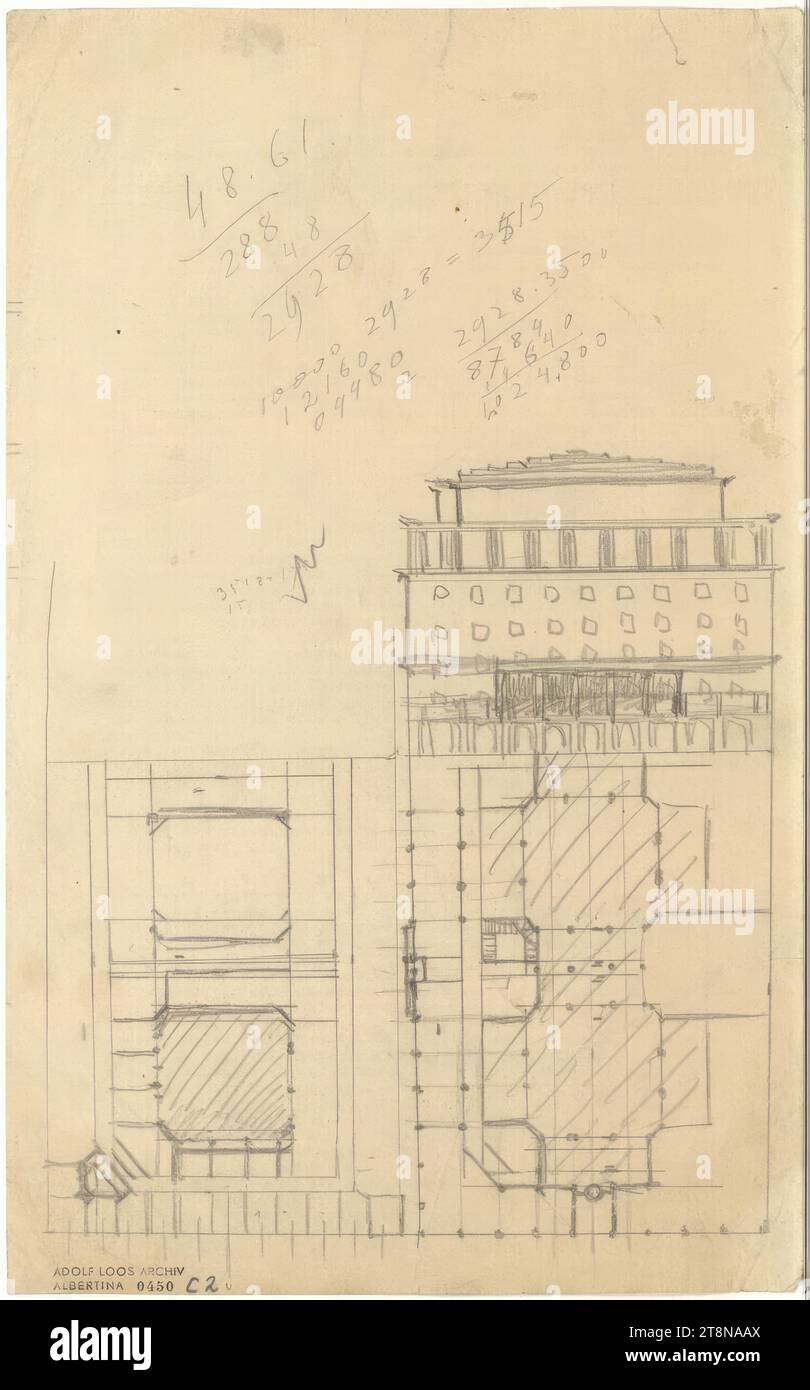 Sviluppo dei terreni orticoli, Vienna I., Parkring, piccola torre angolare, elevazione, planimetria, 1917, disegno architettonico, carta; matita, 341 x 212 mm Foto Stock