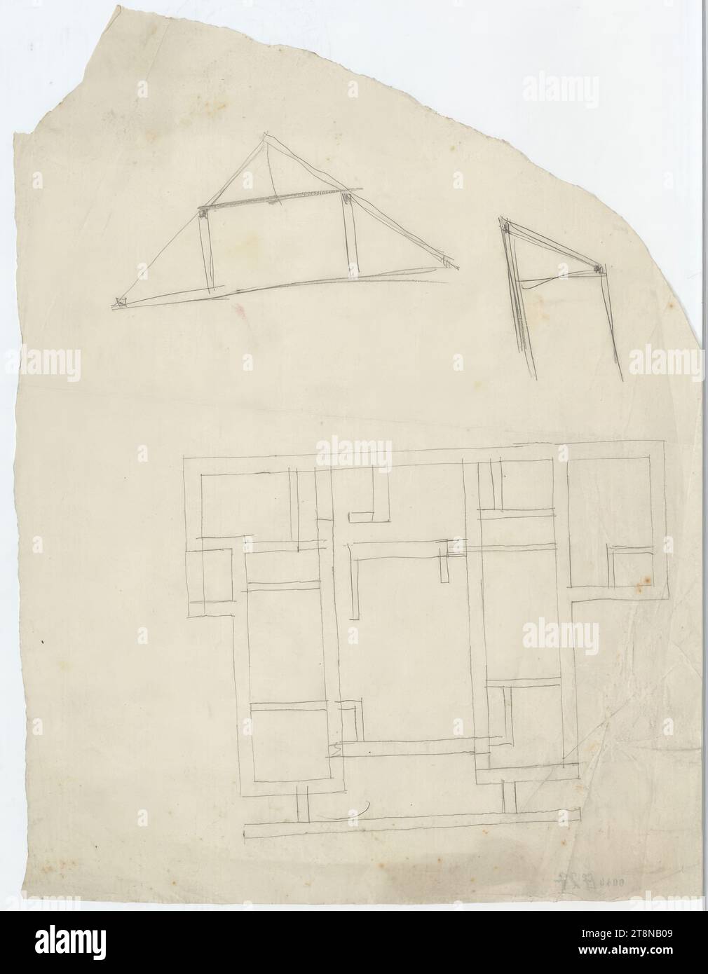 Casa di campagna per Leo Prince Sapieha, villa con tetto spiovente, planimetria, struttura del tetto, sezione, 1918, disegno architettonico, carta da ricalco; matita, 363 x 275 mm Foto Stock