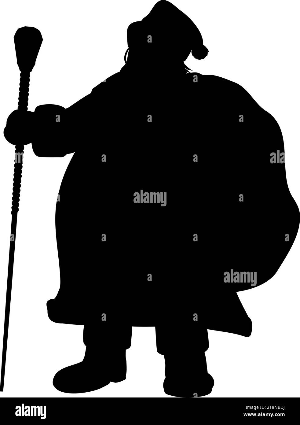 Forma di Babbo Natale con una borsa dietro la schiena e uno staff. L'illustrazione vettoriale riporta in vita l'affascinante immagine di Babbo Natale in pelliccia Illustrazione Vettoriale