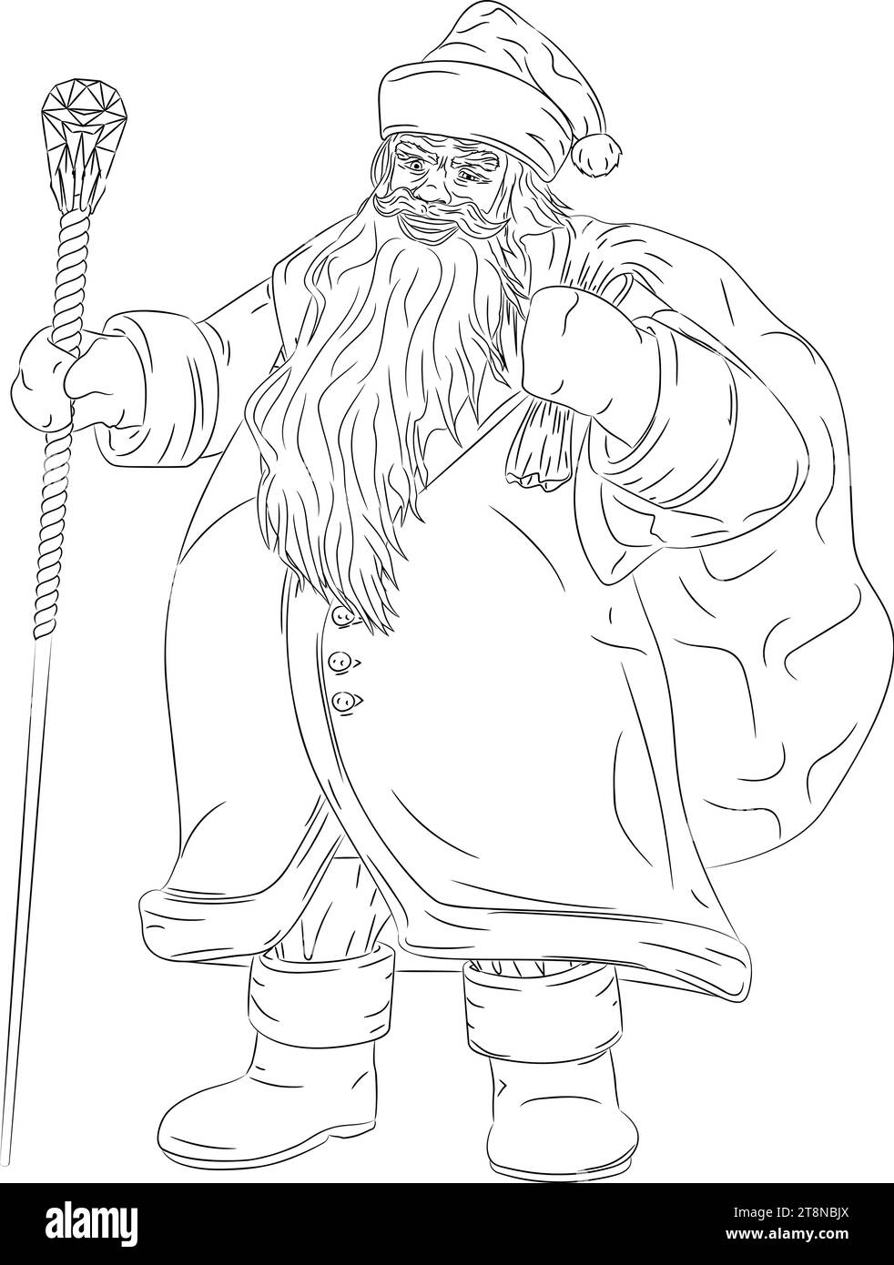 La line art di Babbo Natale con una borsa dietro la schiena e uno staff. L'illustrazione vettoriale riporta in vita l'affascinante immagine di Babbo Natale in pelliccia Illustrazione Vettoriale