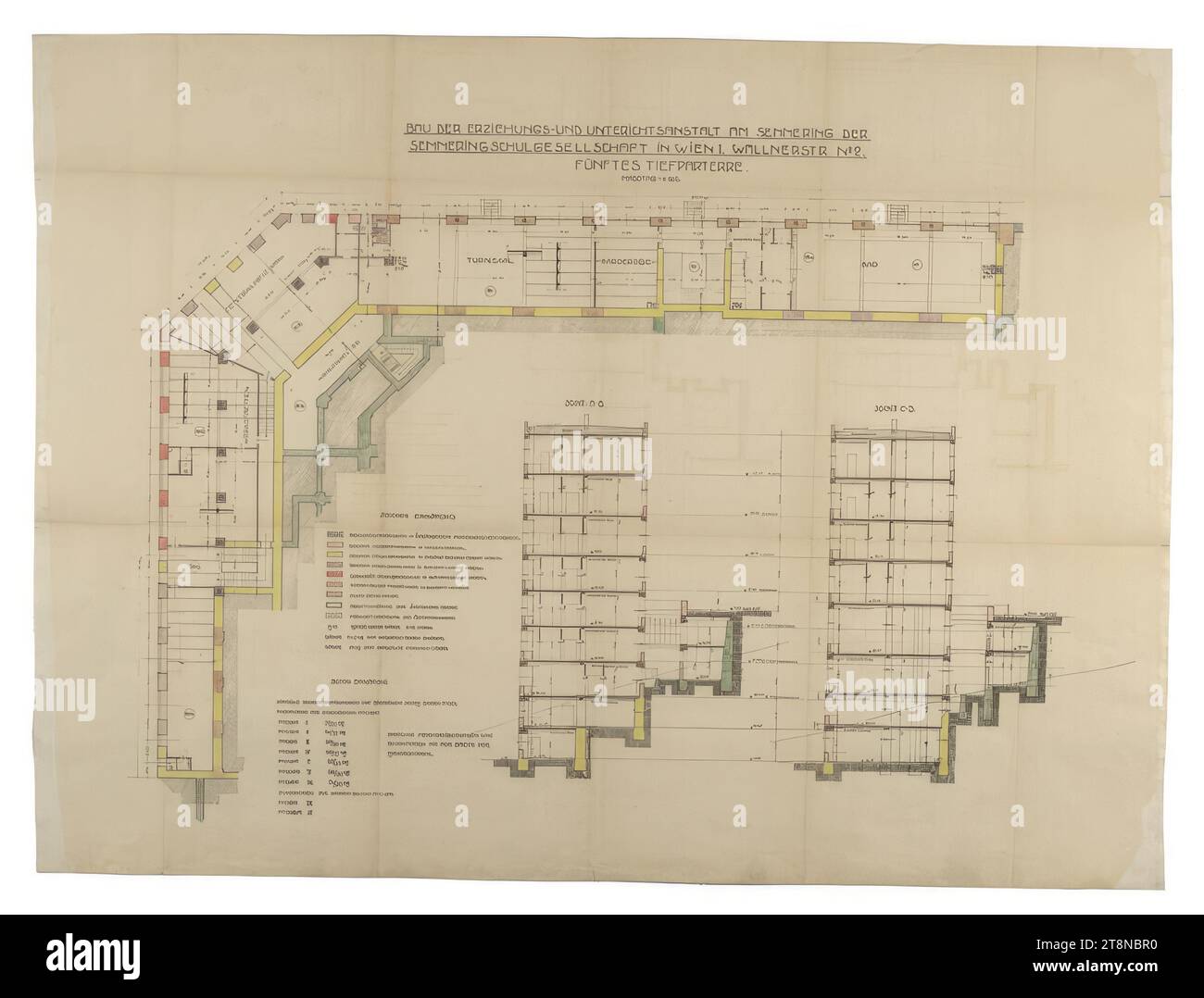 Scuola Foresta Nera i, Semmering, comunità Breitenstein, bassa Austria (sul pendio del Pinkenkogel), 5° piano interrato, 1911-1912, disegno architettonico, stampa a colori, 827 x 1117 mm Foto Stock