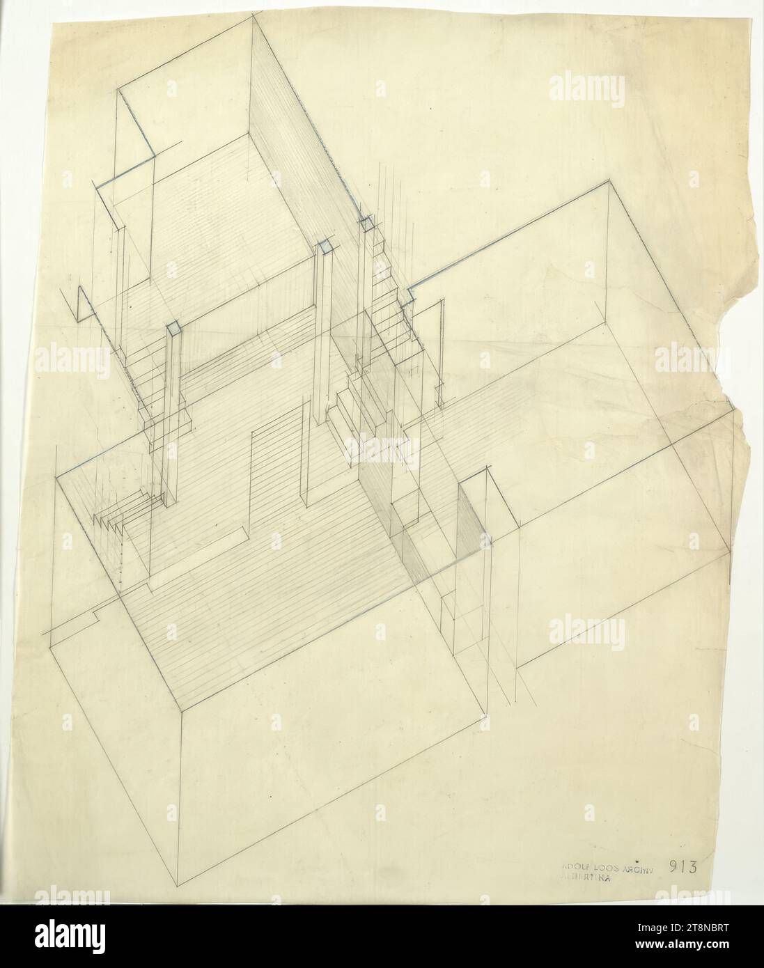 Haus Hans e Anny Moller, Vienna XVIII., Starkfriedgasse 19, vista assonometrica delle rampe di scale (solo area parziale), 1927, disegno architettonico, carta trasparente; matita; matita verde, 342 x 270 mm Foto Stock