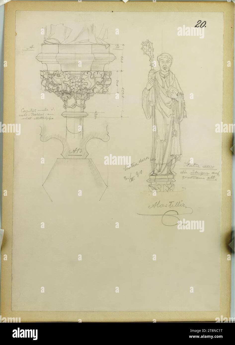 Vienna, St. Stefano, cappella di Eligio, statua e console, piano terra, elevazione, 1890, disegno architettonico, carta, spessore medio; disegno a matita, 42,1 x 30,1 cm, in alto a destra: "20.", annotazioni, a sinistra sotto il profilo della console: "Capitäl unter d./recht. presto. On/ pilastro centrale sud", a sinistra della statua: "Statua zu/ 8./ vi 90", a destra della statua: "Statua nuova/gli altri presi, / presi vecchi.", sotto la statua: "ACastelliz/ gez Foto Stock