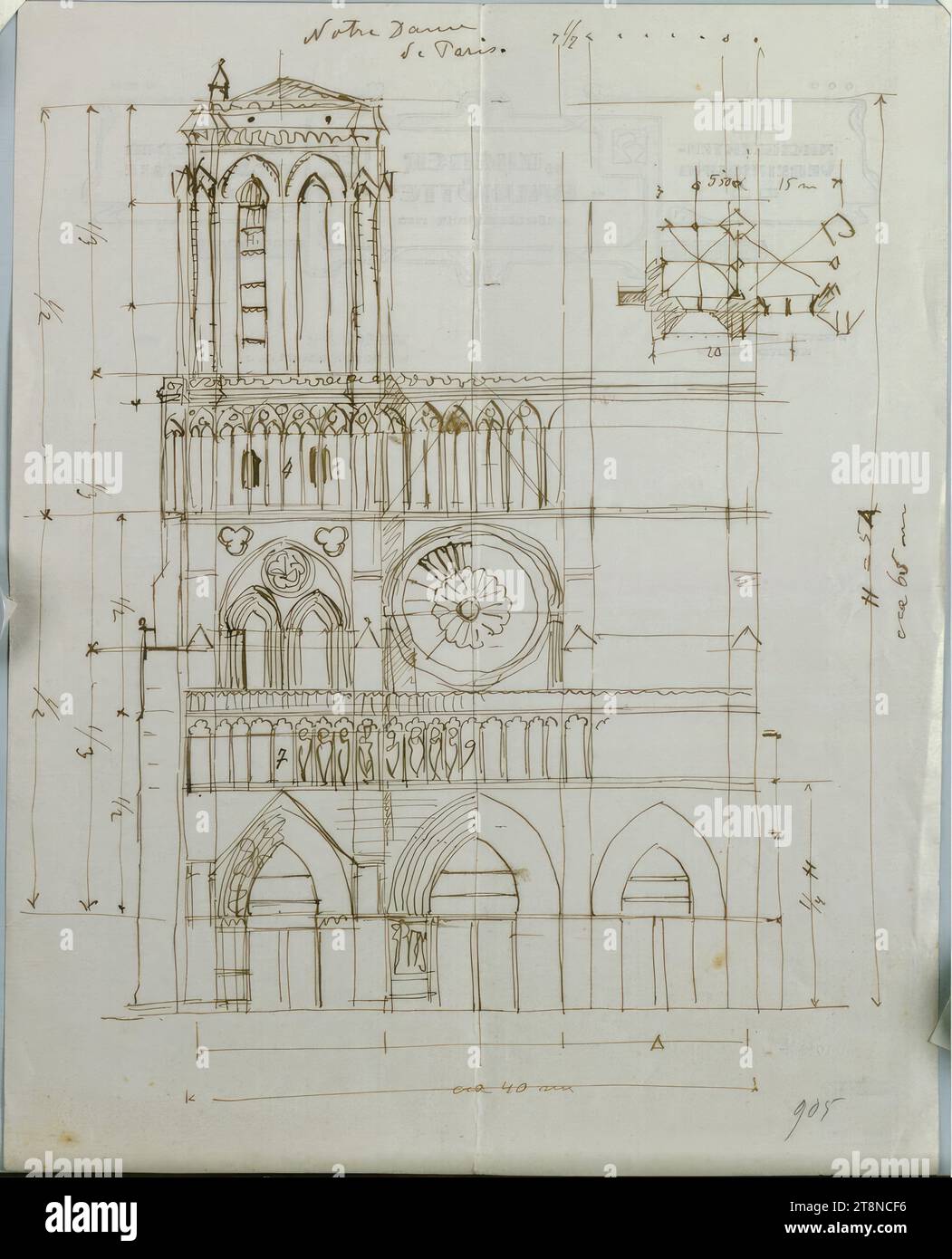 Parigi, Cattedrale di Notre Dame, facciata ovest, piano parziale, altezza, 1905, disegno architettonico, carta, peso medio; disegno penna (marrone), 29,2 x 23,2 cm Foto Stock