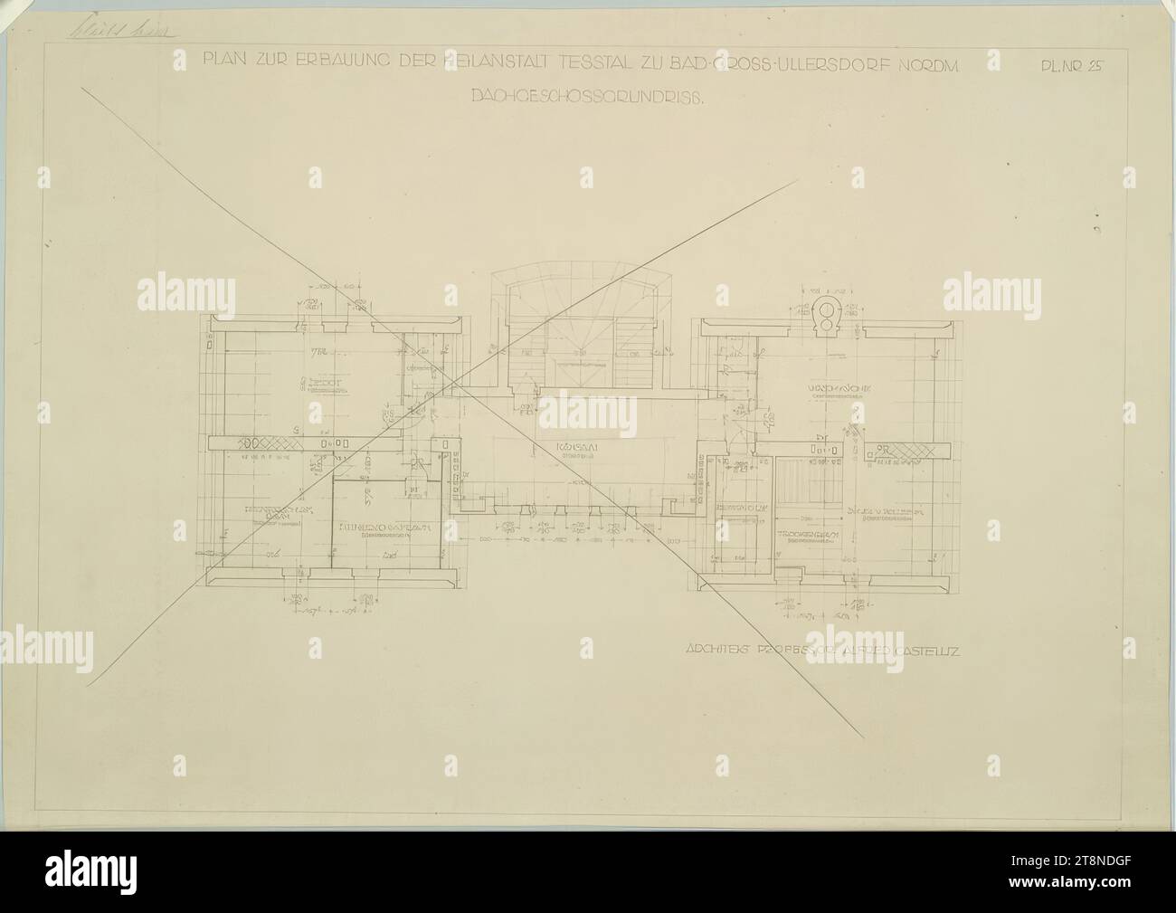 Bad Groß Ullersdorf (Moravia settentrionale), Thesstal sanatorium, planimetria dell'attico, piano di presentazione, Alfred Castelliz (Celje 1870 - 1940 Vienna), 1912, planimetria, carta, medio forte; copia con annotazioni a matita, 35,1 x 49,4 cm Foto Stock