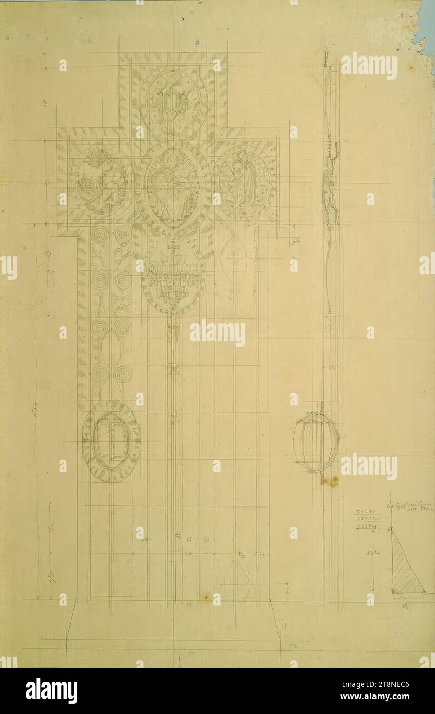 Croce tombale per Primarius Dr. Franz Schnopfhagen, disegno, profilo e sezione, Alfred Castelliz (Celje 1870 - 1940 Vienna), 1926, disegno architettonico, cartone; disegno a matita, 49,7 x 33,1 cm, medaglione superiore: 'ichs', medaglione inferiore: 'Dr. Franz/ Schnopfhagen/ Director of the State/ Insane Asylum Niederhardt/ 1858 - 1925/ by ... (illeggibile)", elenchi, calcoli Foto Stock