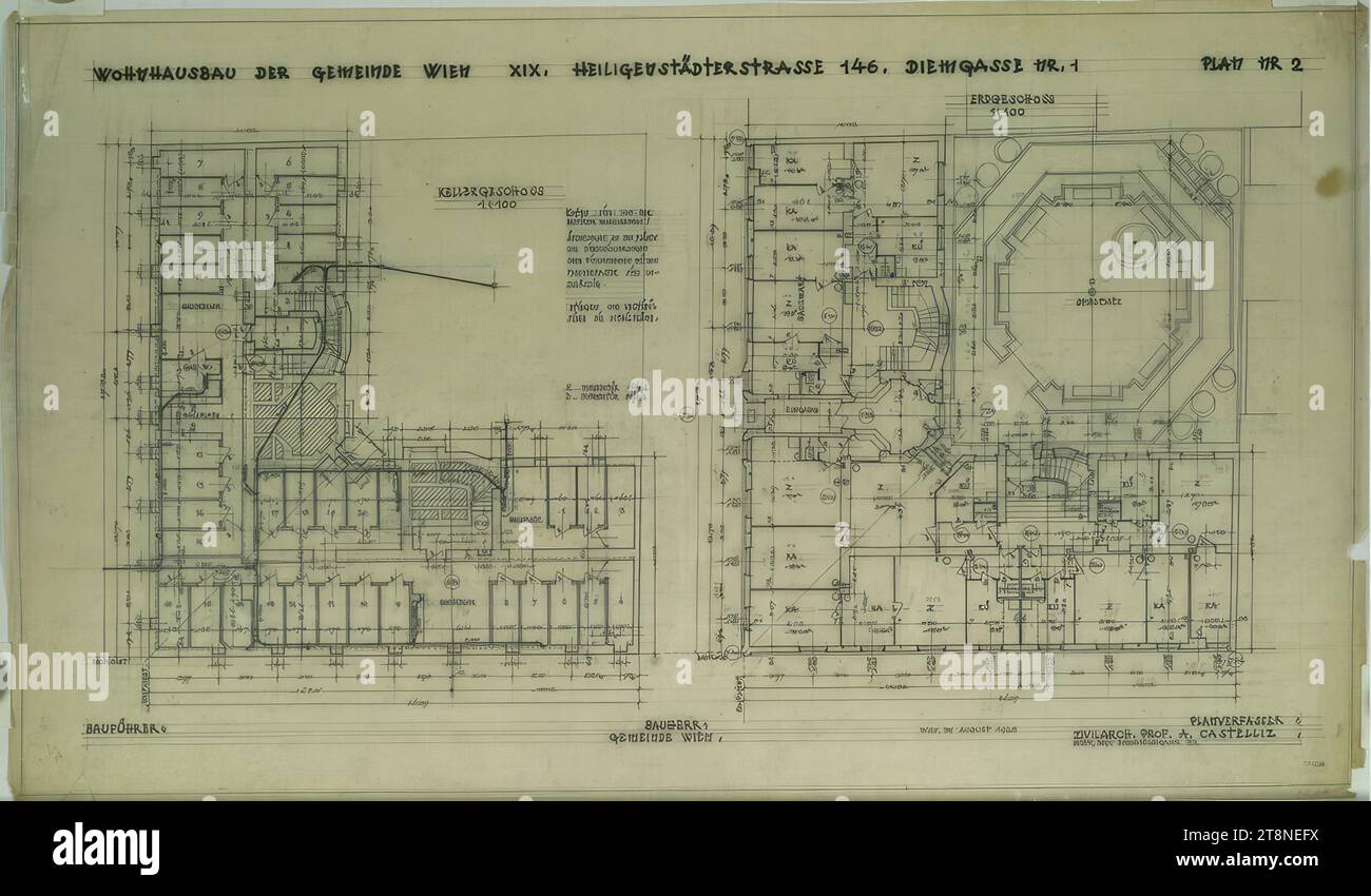 Vienna-Döbling, casa Diemgasse 1, edificio residenziale del comune di Vienna, piano seminterrato e piano terra, Alfred Castelliz (Celje 1870 - 1940 Vienna), 1928, disegno architettonico, Aquafix; disegno a matita e a penna (nero), 42,4 x 72,4 cm, 'EDIFICIO RESIDENZIALE DELLA COMUNITÀ VIENNA IX HEILIGENSTADTSTRASSE 146. DIEMGASSE NO. 1 PLAN NR 2", ISCRIZIONE PLANIMETRIA: "BASEMENT/ 1: 100", "GROUND FLOOR/ 1: 100" Foto Stock