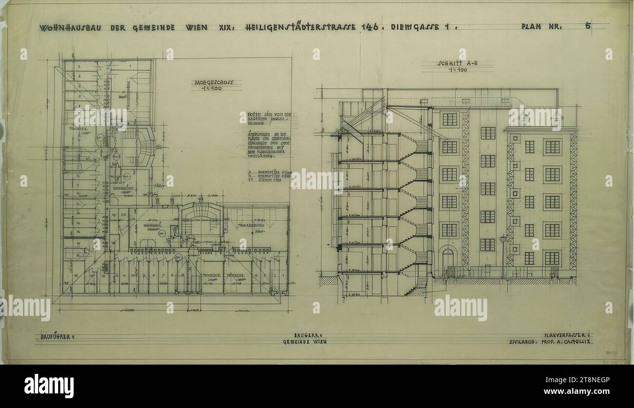 Vienna-Döbling, casa Diemgasse 1, edificio residenziale del comune di Vienna, variante con finestra a bovindo, piano terra dell'attico e sezione, Alfred Castelliz (Celje 1870 - 1940 Vienna), 1928, disegno architettonico, Aquafix; disegno a matita e a penna (nero), 42,1 x 72,2 cm, 'EDIFICIO RESIDENZIALE DELLA COMUNITÀ VIENNA IX HEILIGENSTADTSTRASSE 146. DIEMGASSE 1. PIANO N. 5' Foto Stock