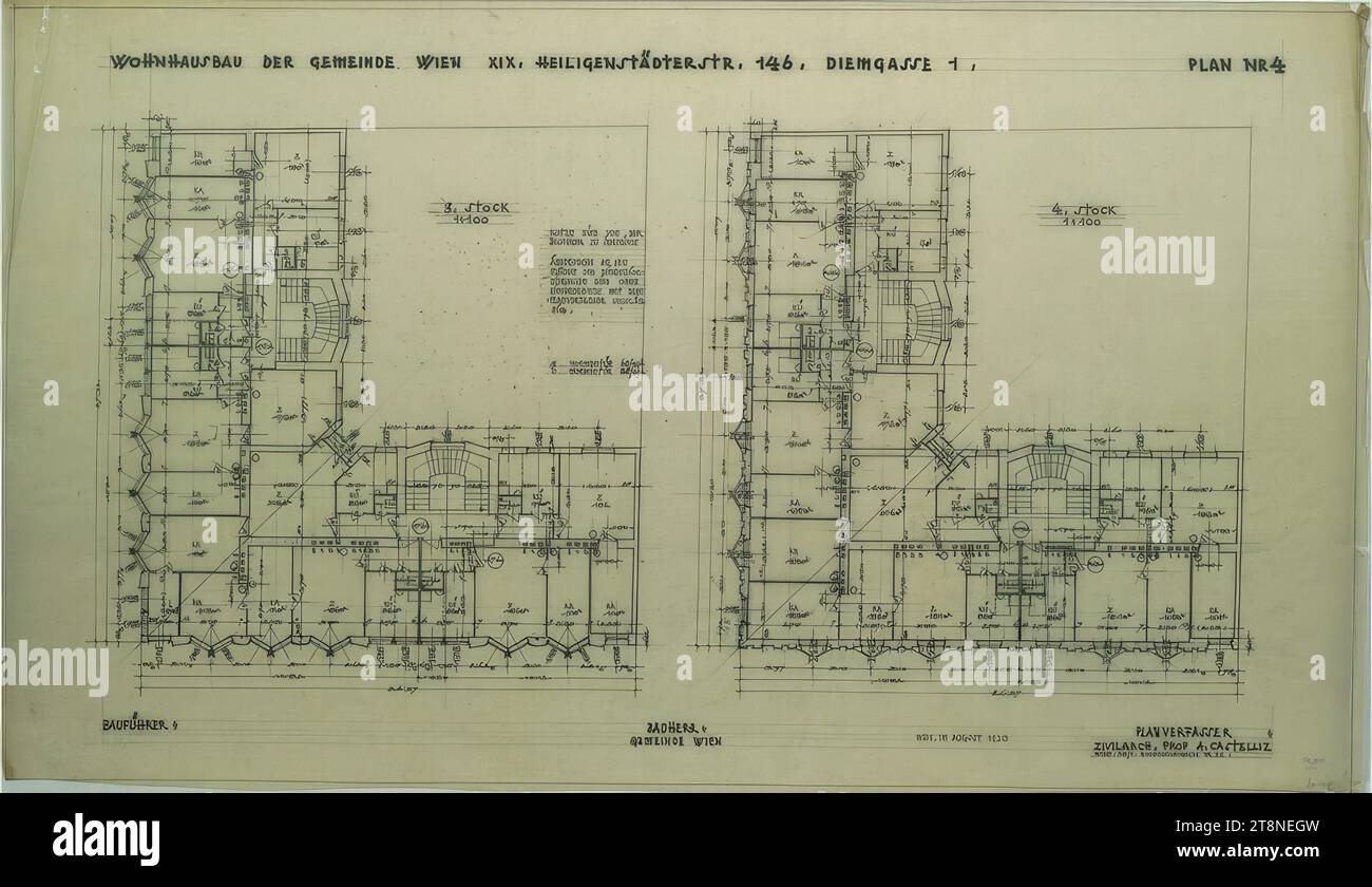 Vienna-Döbling, casa Diemgasse 1, edificio residenziale del comune di Vienna, variante con finestra a bovindo, planimetrie 3° e 4° piano, Alfred Castelliz (Celje 1870 - 1940 Vienna), 1928, disegno architettonico, Aquafix; disegno a matita e a penna (nero), 41,9 x 72,2 cm, 'EDIFICIO RESIDENZIALE DELLA COMUNITÀ VIENNA IX HEILIGENSTAEDTERSTR. 146. DIEMGASSE 1. PIANO NR 4' Foto Stock