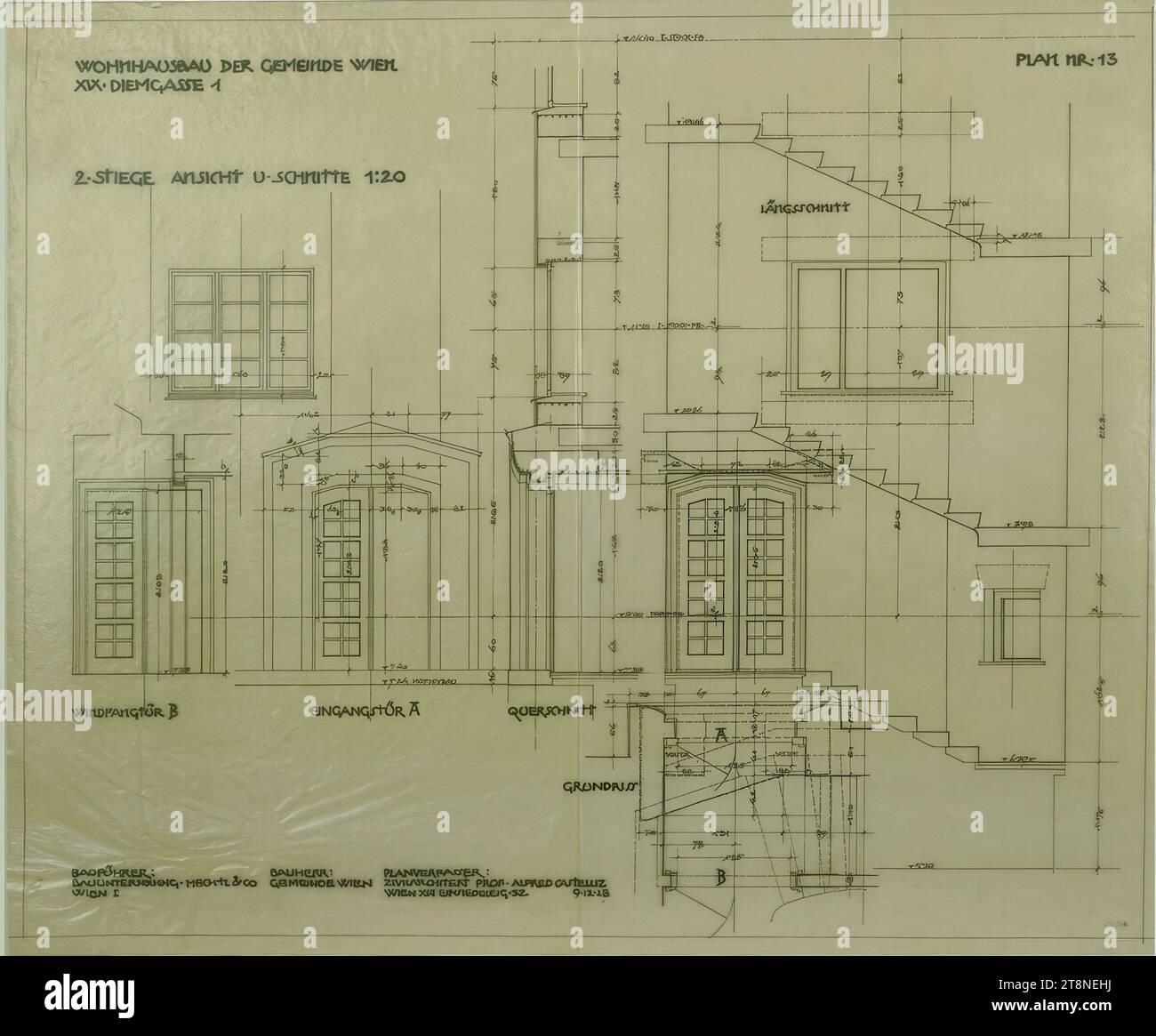 Vienna-Döbling, casa Diemgasse 1, edificio residenziale del comune di Vienna, 2° scalone, piano terra, elevazione, sezioni, Alfred Castelliz (Celje 1870 - 1940 Vienna), 1928, disegno architettonico, carta trasparente; Copia, 52,8 x 63,1 cm Foto Stock