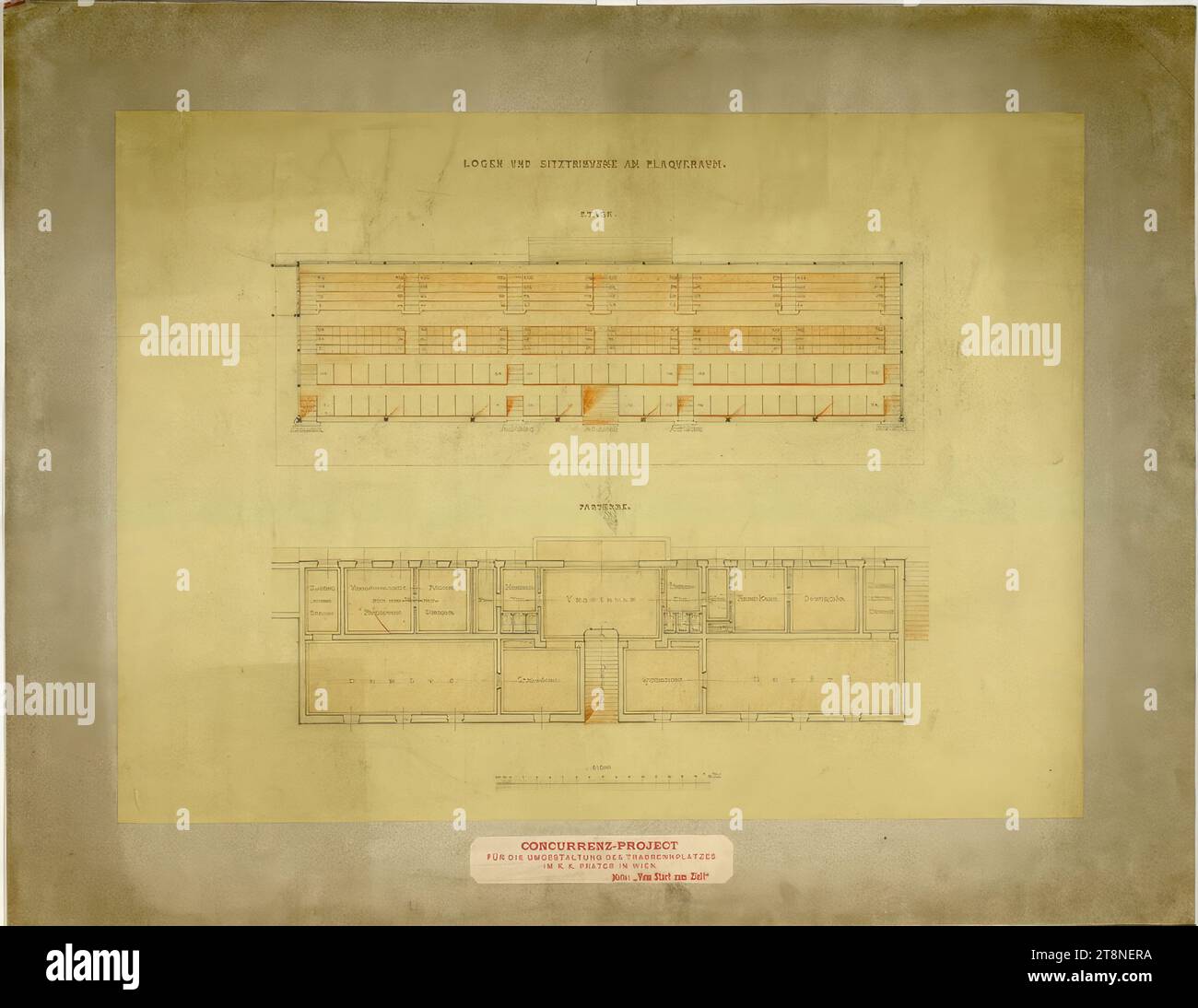 Vienna, Krieau, trotto, progetto di concorso 'dall'inizio alla fine', palco e tribuna (sala targa), planimetrie, Anton Drexler (Vienna 1858 - 1940 Vienna), Josef Drexler (Vienna 1850 - 1922 Vienna), 1898, disegno architettonico, disegno a matita; carta, fine, 53 x 72,3 cm Foto Stock