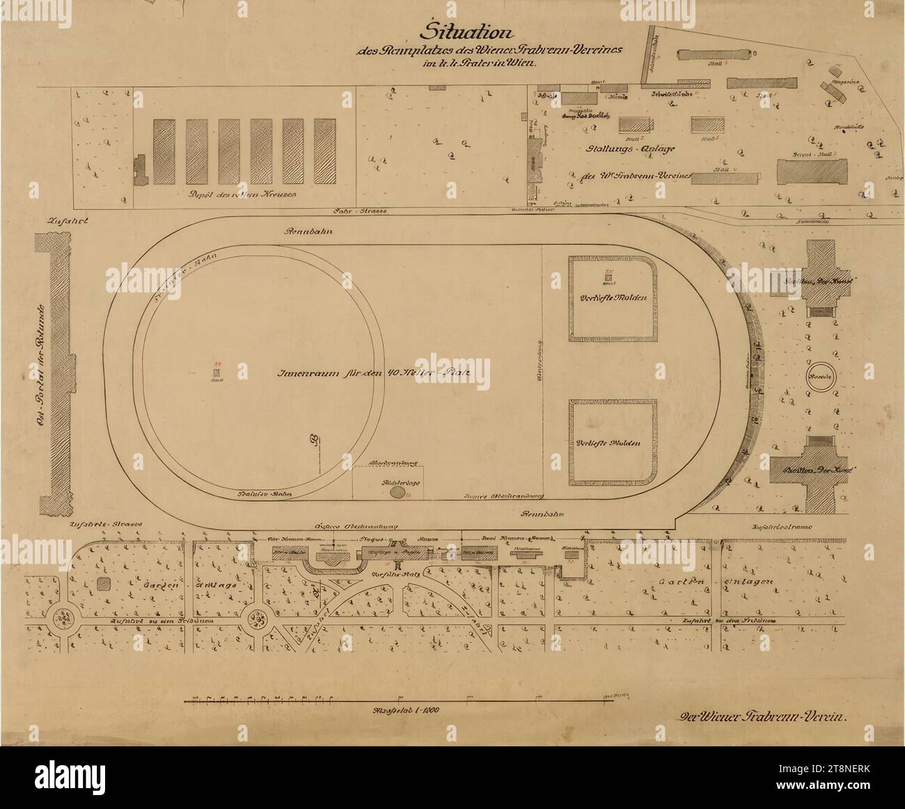 Vienna, Krieau, impianto di trotto, piano del sito, 1899, 1899, disegno architettonico, copia con iscrizione a penna rossa e nera; carta, spessore medio, 54,1 x 66,1 cm, 'situazione/ dell'ippodromo del Vienna Trotting Club/ nel k.k. Prater di Vienna.' informazioni topografiche, etichettatura dei singoli edifici Foto Stock