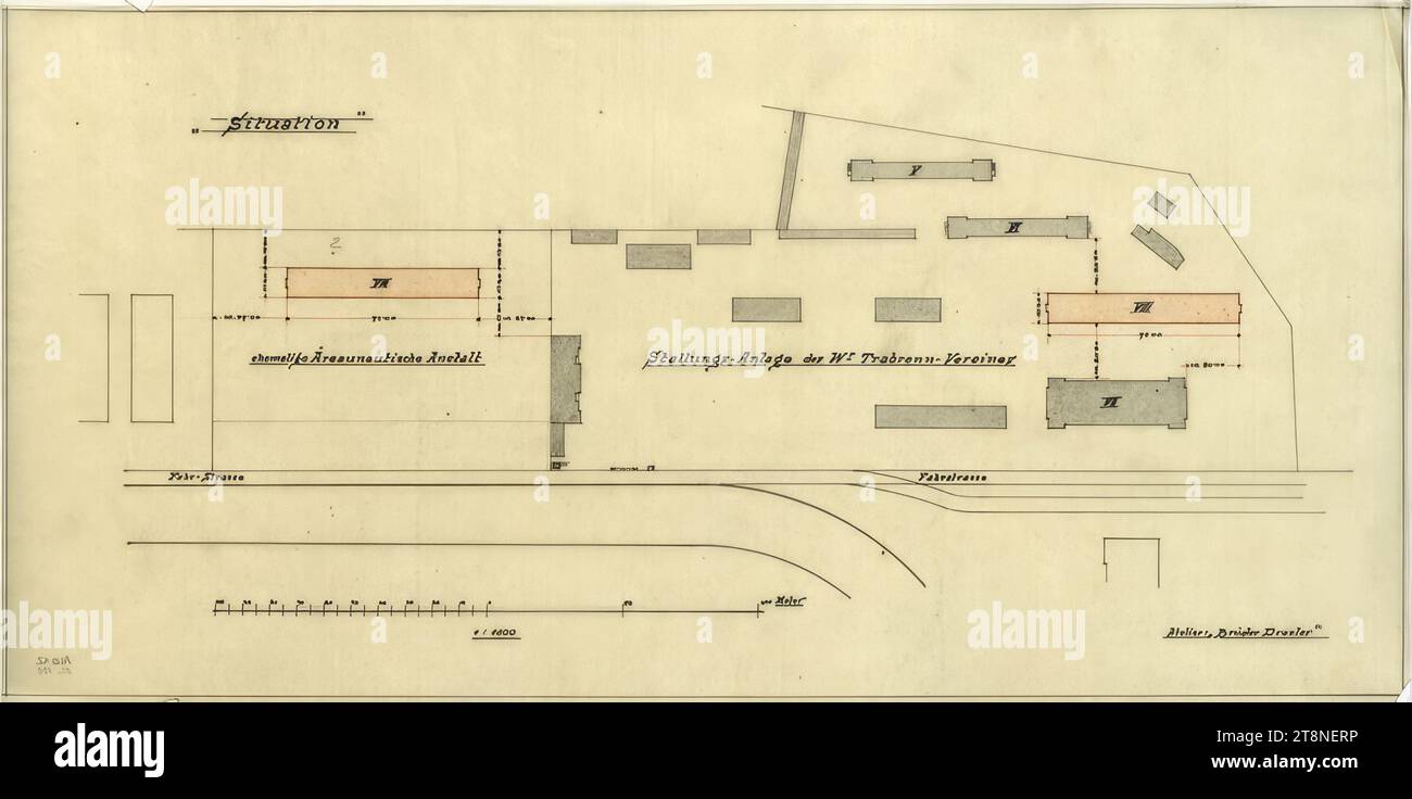 Vienna, Krieau, impianto trotto, nuovo progetto edilizio per due edifici stabili, piano del sito, Atelier Drexler, Anton Drexler (Vienna 1858 - 1940 Vienna), Josef Drexler (Vienna 1850 - 1922 Vienna), 1899-1905, disegno architettonico, disegno preliminare a matita, disegno a penna nero e rosso, matita colorata e matita posata piatta; carta da ricalco, 10' x 20 Foto Stock