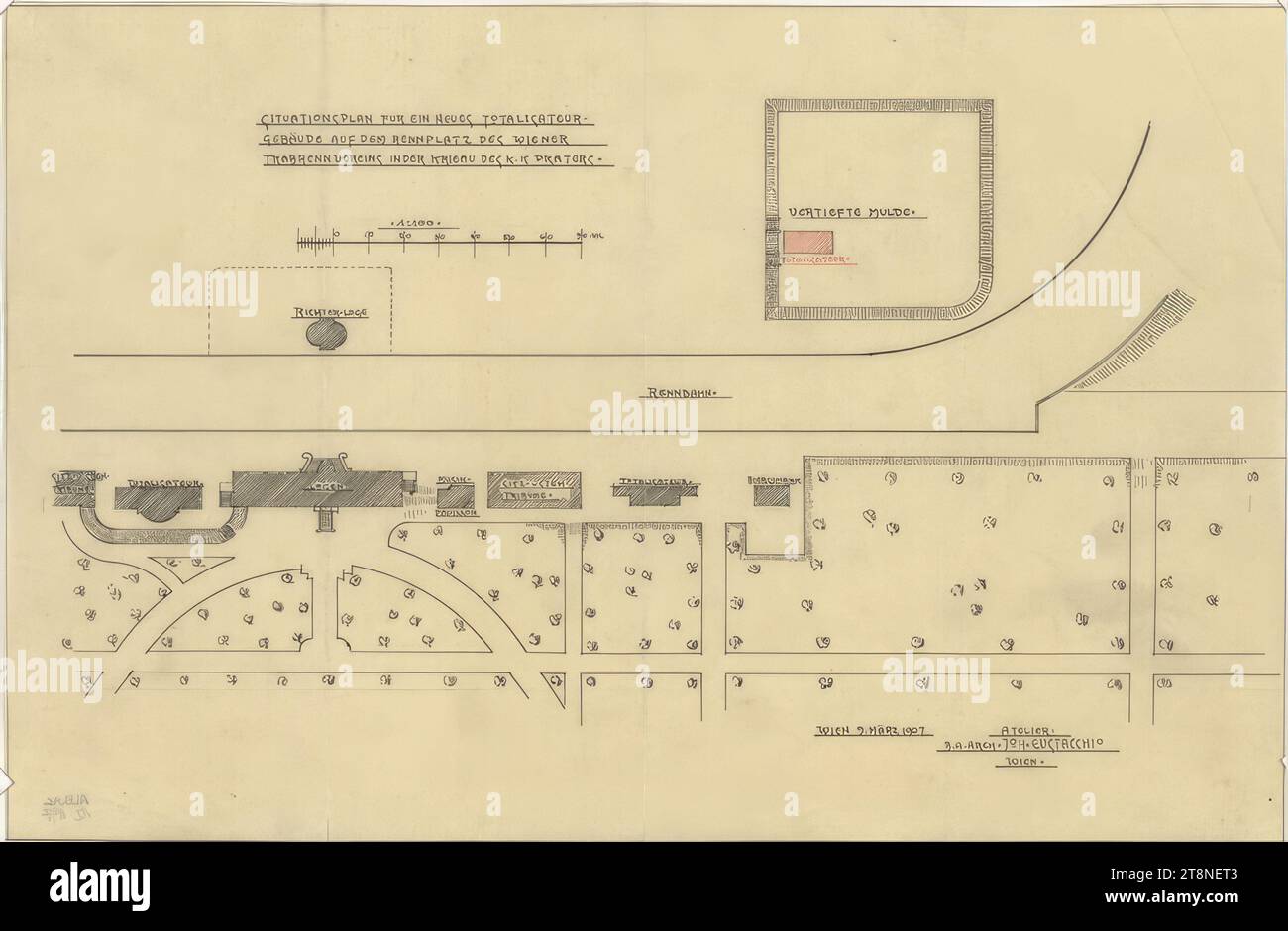 Vienna, Krieau, impianto di trotto, edificio del totalizzatore, pianta del sito, 1907, 1907, disegno architettonico, disegno preliminare a matita e disegno a penna (nero, rosso); carta tracciante, 23,7 x 36,2 cm, "PIANO DI SITUAZIONE PER Un NUOVO TOTALIZZATORE/EDIFICIO SUL CORSO DI GARA DELLA VIENNA/TRABRENNEIN A KRIEAU DELLA K.K. PRATERS". Varie informazioni topografiche, designazioni degli edifici; indicazione di scala, data, designazione degli studi Foto Stock