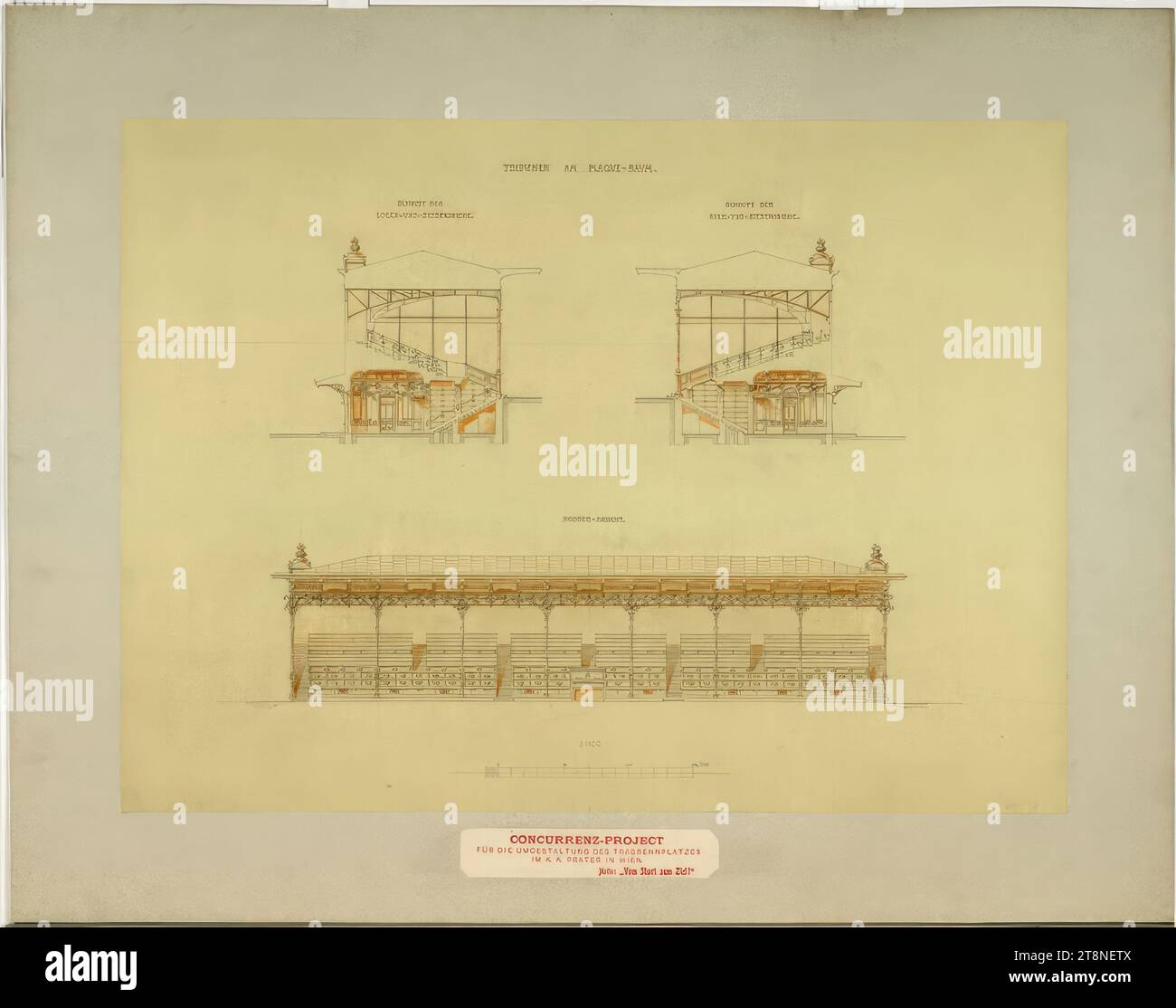 Vienna, Krieau, trotto, progetto di concorso 'dall'inizio alla fine', tribune (sala della targa), sagome e sezioni, Anton Drexler (Vienna 1858 - 1940 Vienna), Josef Drexler (Vienna 1850 - 1922 Vienna), 1898, disegno architettonico, disegno a matita; carta, fine, 52,5 x 71,9 cm Foto Stock