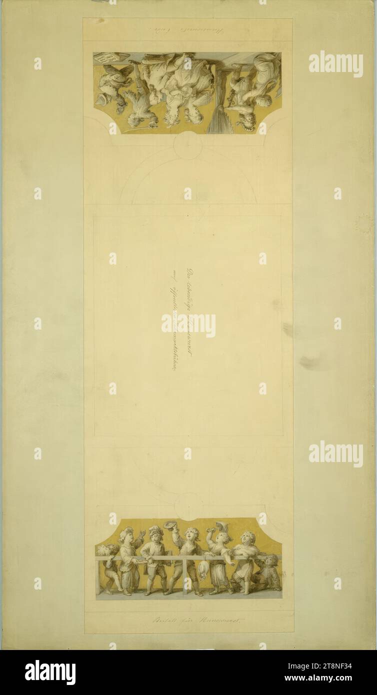 Vienna i, Burgtheater, ala laterale, pittura del soffitto, applausi per la fine di Hanswurst e Hanswurst, Carl Joseph Geiger (Vienna 1822 - 1905 Vienna), 1886, disegno architettonico, matita, penna nera, colori del corpo, foglio: 63,7 x 36,8 cm, verso: 'tenuta di Karl Geiger', 'Applausi per Hanswurst.', 'The Living Hanswurst/ sul palco della fiera pubblica.', 'fine di Hanswurst Foto Stock
