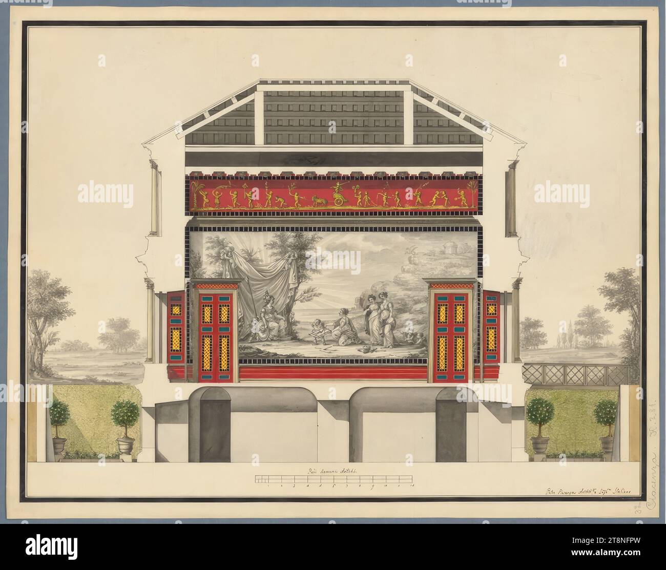 St Pietroburgo, indeterminato, capannone da giardino, sezione con decorazione d'interni, personificazioni di architettura, scultura e pittura, Pietro Piacenza (attivo c. 1775-1805), 1794-1805, disegno architettonico, disegno a penna; carta; linee di costruzione in grafite, penna in nero, marrone e grigio, lavaggio multicolore, V: timbro, 44,4 x 56,8 cm, segno da collezione: Piacenza. K. 281, 32. [Sopra 3077b, cancellato], verso: Timbro della biblioteca implicata, nel cassiere: "Luogo: Italia/ Russia Foto Stock
