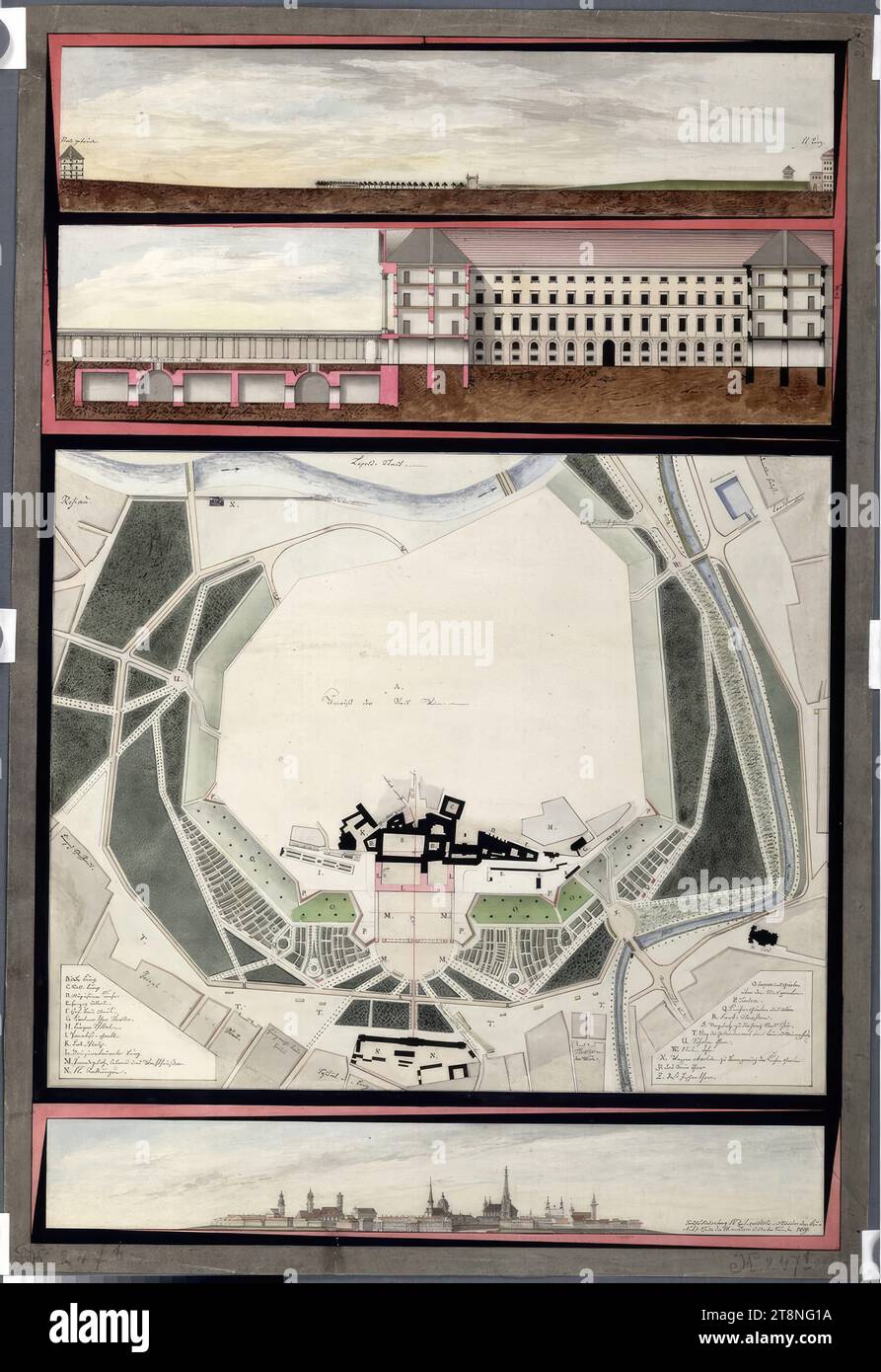 Vienna i, Hofburg, progetto di riconversione e nuovo edificio, sezioni dettagliate, piano di situazione, vista città, 1809, pianta, grafite (disegno preliminare), penna e nero; grigio marrone, rosa, lavaggio verde e blu; acquerello, foglio: 92,3 x 62,5 cm, didascalia: "a. contorno della città di Vienna"; "B. Castello Vecchio, C. Stall-Burg, D. Chiesa Agostiniana, E. Herzog Albert, F. Hof-Bauamt., G. Cartner Thor Theater., H. Bürger Spittal, I.. Paratiß, Gartl, K. Ball, Platz, L. nuovo castello da costruire, M. Paradeplatz, Collonad. E Wachther Construction., N. K. K. Stables, O. Scarpen and Gardens, P. Forts Foto Stock