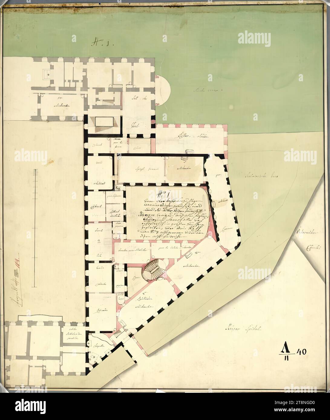 Vienna i, Hofburg, Amalienburg, progetto di conversione e nuova costruzione III/D1, primo piano, planimetria, 1763, planimetria, gesso (disegno preliminare); penna e inchiostro nero; lavaggio multicolore, foglio: 57,3 x 48,1 cm, recto: "N°:1., dovevano suggerire il meglio, quando una rosa è sufficiente, e, e le aquile sono cresciute in modo permanente, questo è costato meno di tutti, sarebbe stato, e poi tutto, richiesto in grandi pezzi, è stato trovato, era il mio Consiglio Foto Stock