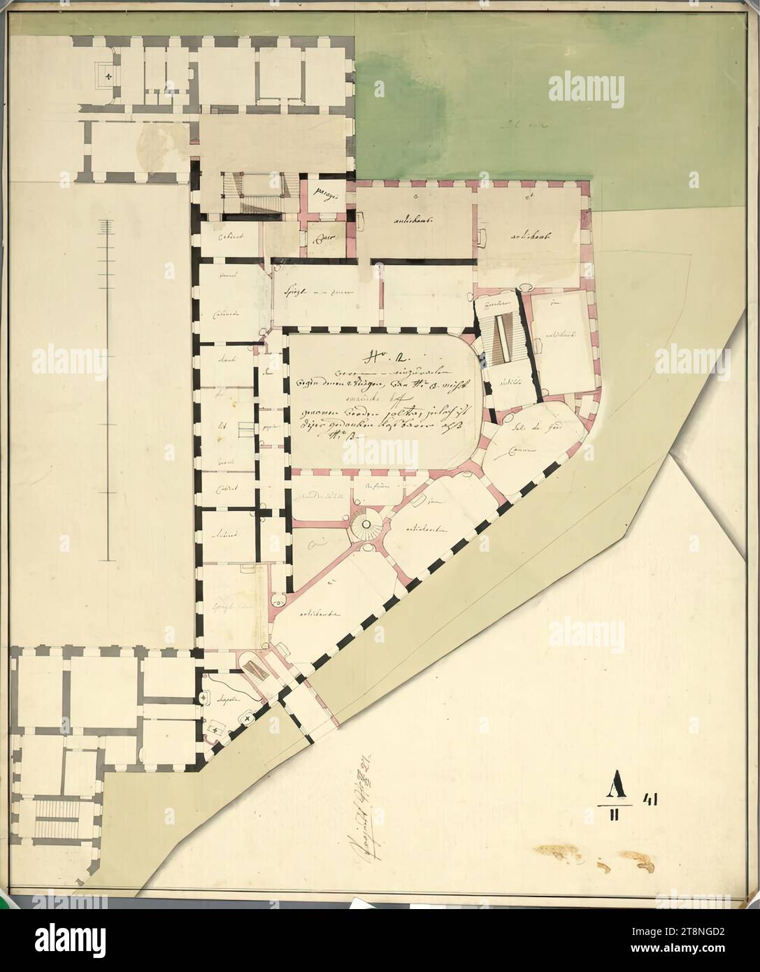 Vienna i, Hofburg, Amalienburg, progetto di conversione e nuova costruzione III/C1, primo piano, planimetria, 1763, planimetria, gesso (disegno preliminare); penna e inchiostro in nero; lavaggio multicolore, foglio: 56,8 x 48 cm, recto: 'N°.2., erano ... Per eseguire il ciclo, a causa del quale 2 è aumentato, wan N°.3. Non dovrebbe essere preso, ma questo pensiero è più prezioso di, N°:3."; "A/II 41"; progetto n.. 27.'; Room inscriptions verso: 'Amalischer hof Proy. Main stok"; "A/II 41"; "No 27./D-1 Foto Stock