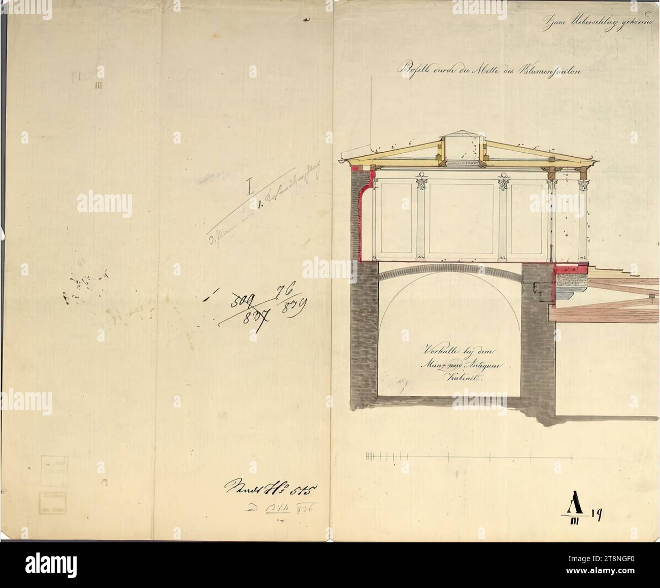 Vienna i, Hofburg, ala Augustinergang, salone dei fiori sopra il vestibolo della moneta e gabinetto dell'antichità nell'Augustinergang, sezione trasversale, 1837, pianta, gesso (disegno preliminare); penna in nero; lavaggio multicolore, foglio: 39,2 x 47,6 cm, Olanda, "appartenente alla stima, profilo (sic) attraverso il centro della stanza dei fiori (sic)", "i/ 3° piano (sic) e 1° stima dei costi", "509/ 837 (barrato) 76/ 839", "Vorhalle beÿ dem, Münz und ANtiquen, Kabinet.", "Stadt No, 515 (a penna), ad 1384 836' (a matita), 'A/ III 19', verso: '5' (a gesso) Foto Stock