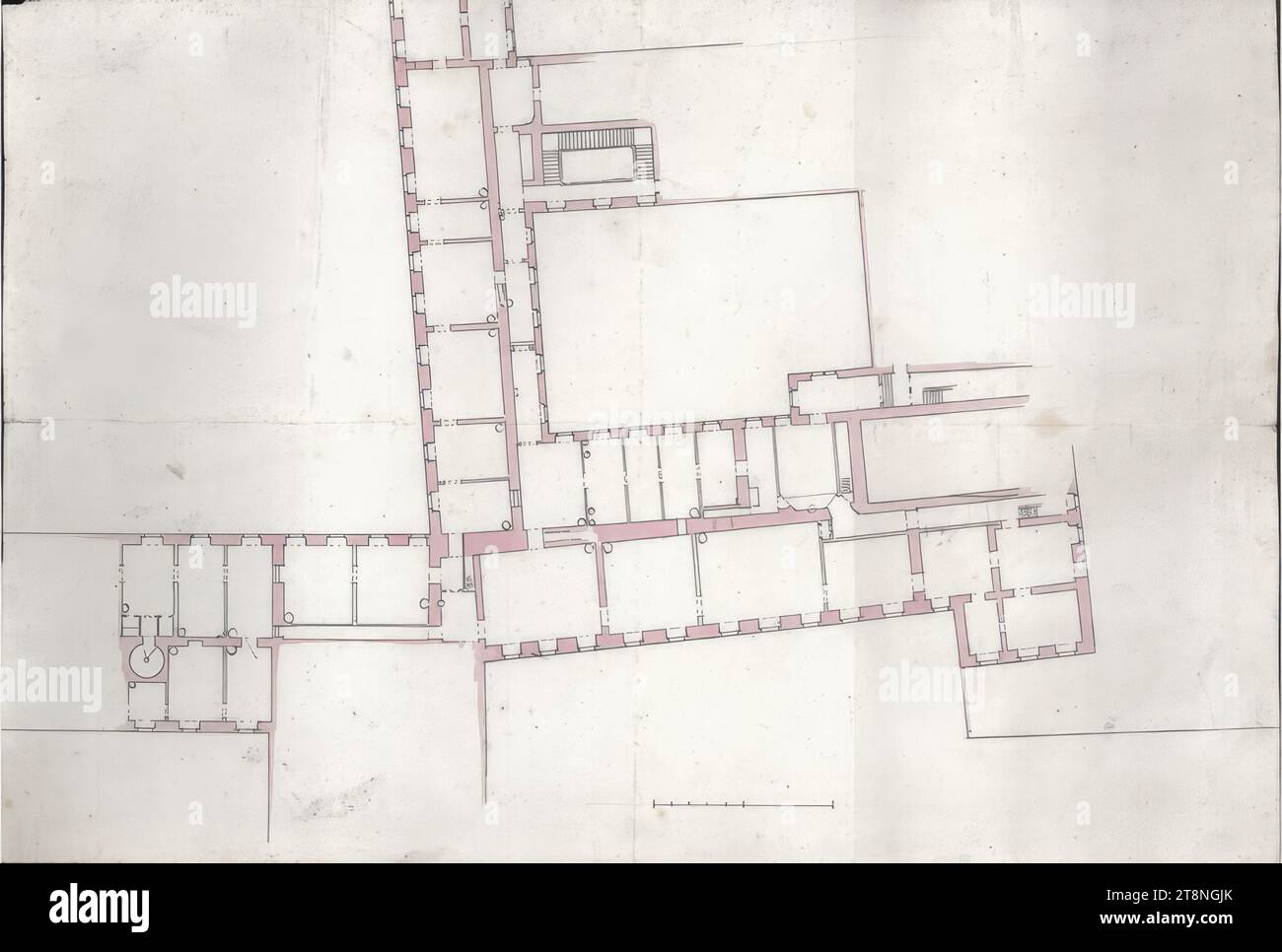 Vienna i, Hofburg, Schweizerhof, ala Leopoldine, terzo piano, piano di terra parziale con aggiunta di nuove pareti divisorie, 1808-1812, planimetria, grafite (disegno preliminare); penna nera; lavaggio rosa, foglio: 31,5 x 46 cm Foto Stock