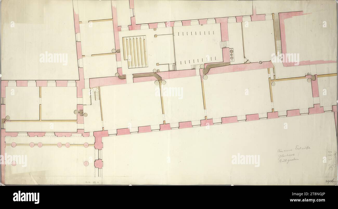 Vienna i, Hofburg, Schweizerhof, ala SW, 2° piano, planimetria parziale con sala teatro (dal quadro generale del fronte suburbano), 1812-1816, planimetria, grafite (disegno preliminare); penna in nero; inchiostro rosa; lavaggio ocra e marrone, foglio: 55 x 100 cm, recto: "Amann's draft, vetro House, fossato"; "K 280, Aman' verso: '2906 (barrato) 4 C. Foto Stock