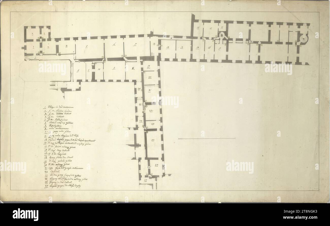 Vienna i, Hofburg, Schweizerhof, ala Leopoldine, 1° piano, appartamenti imperiali, planimetria, 1808-1830, planimetria, grafite (disegno preliminare); penna nera; lavaggio grigio e verde, foglio: 52,6 x 85,4 cm, designazione della stanza con la scritta '1 scale per l'oratorio, 2 camere da letto IM per donne, 3 gabinetto IM, 4 armadietti IM, 5 camere da letto IM, 6 blu ... sala, 7 sale da tavolo, 8 nuove anticamera, 9 - 10 due nuove camere, 11 due nuove camere e cucina, 12 ... Verso l'appartamento S. M. dell'Imperatore, 13 S: Biliardo dell'Imperatore e ... Sale, 14 S. M. sala per udienze privata, 15 S: Maj tre armadi Foto Stock