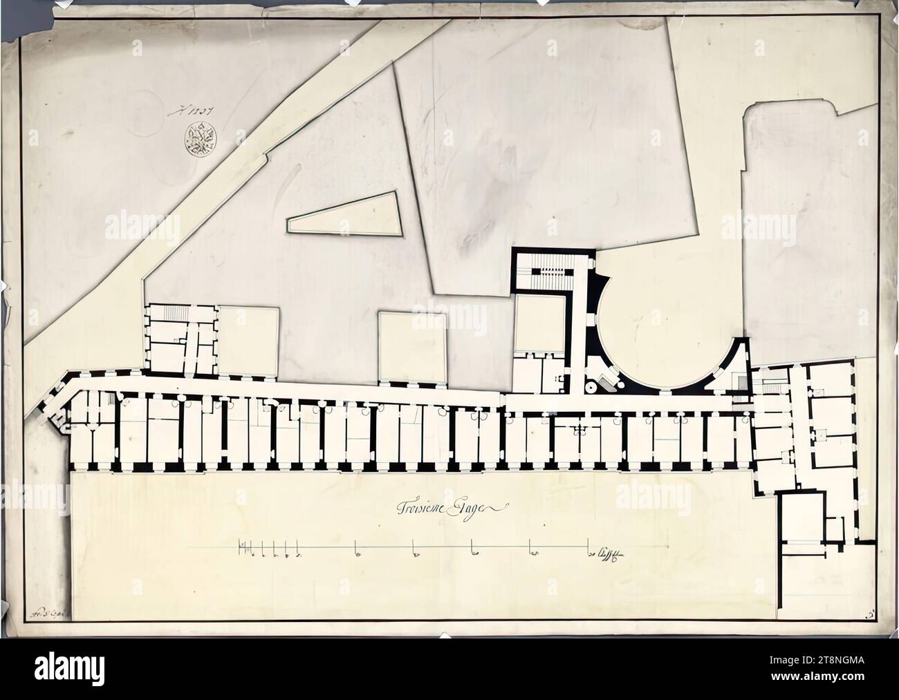 Vienna i, Hofburg, Ala della Cancelleria Imperiale, terzo piano, planimetria (copia del piano), intorno alla metà del XVIII secolo, planimetria, gesso (disegno preliminare); penna in nero; lavaggio grigio e beige, foglio: 50,3 x 71 cm, recto: 'Troisieme Etage'; 'No.5 Copie' verso: 'Reichs Canzley Triter Stock'; '262 Foto Stock