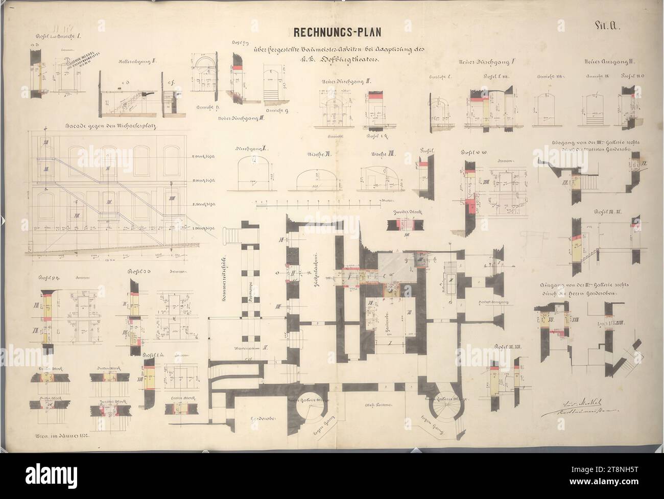 Vienna i, Hofburg, Altes Burgtheater, piano contabile con planimetrie, sezioni e profili di singole parti dell'edificio, 1882, planimetria, grafite (disegno preliminare); nero, penna rossa e blu; lavaggio multicolore, foglio: 65 x 95,5 cm, "piano fattura, sul lavoro del costruttore realizzato durante l'adattamento del, k.k. Hofburgtheater"; "lit. A Foto Stock