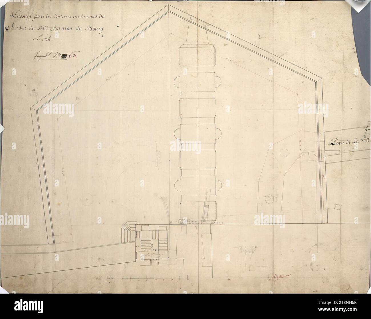 Vienna i, Hofburg, fortificazioni, bastione del castello, spagnoli, progetto per un nuovo sottopassaggio carrozza, XVIII secolo, pianta, gesso; penna nera e rossa, foglio: 46,2 x 58 cm, "Passage pour les Voitures au dessous du, Jardin du Petit Bastion du Bourg., L- A"; "progetto n.. 63"; Measurement Information verso: "No. 62 Foto Stock