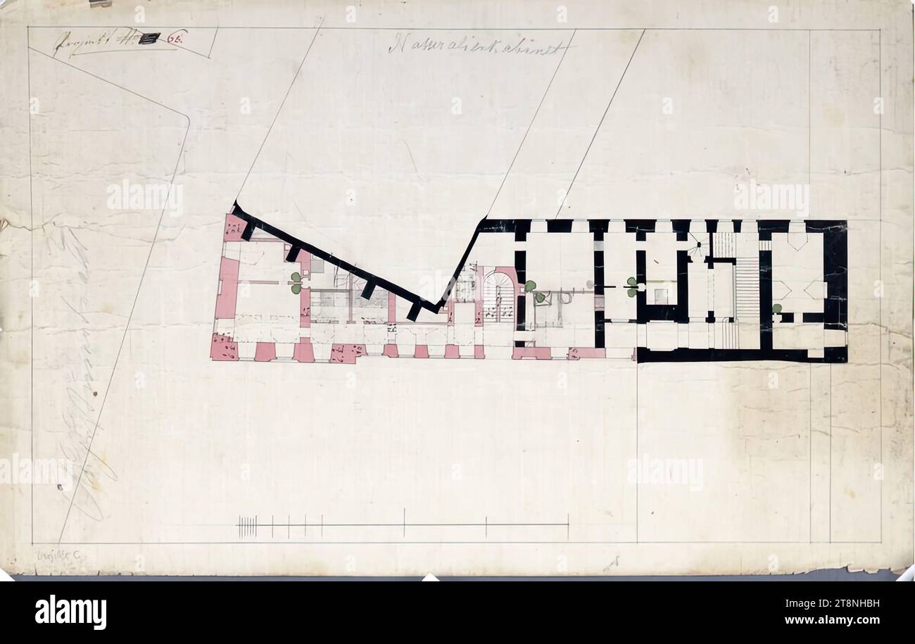 Vienna i, Hofburg, Augustinertrakt, primo piano, piano terra (variante C), 1775, planimetria, gesso (disegno preliminare); penna e inchiostro nero; lavaggio multicolore, foglio: 31,8 x 50,1 cm, recto: 'N: 3.'; 'progetto No. 65.'; 'progetto C'; dimensioni della scala piccola e una stanza in gesso sul retro: no. 65, D-i Foto Stock
