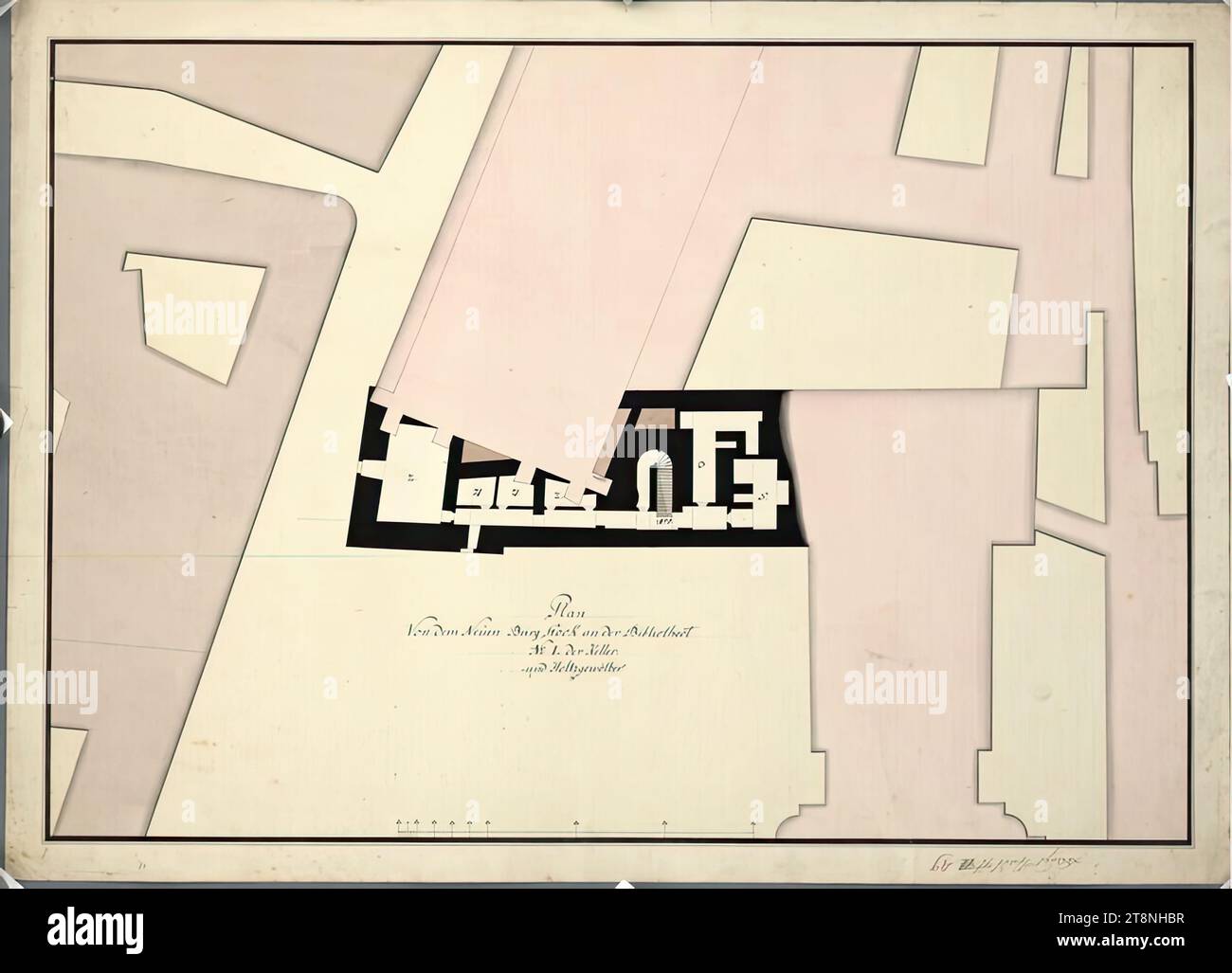 Vienna i, Hofburg, Augustinertrakt, nuovo progetto edilizio, seminterrato, piano terra (variante II), 1775, planimetria, gesso (disegno preliminare); penna e inchiostro in nero; lavaggio multicolore, foglio: 45,1 x 62,4 cm, recto: "planimetria, del piano del nuovo Castello presso la Bibliothect, N° I. la cantina e la volta in legno."; "Baupl City No. 49" stanze numerate verso: "Stadt i, 49 Foto Stock