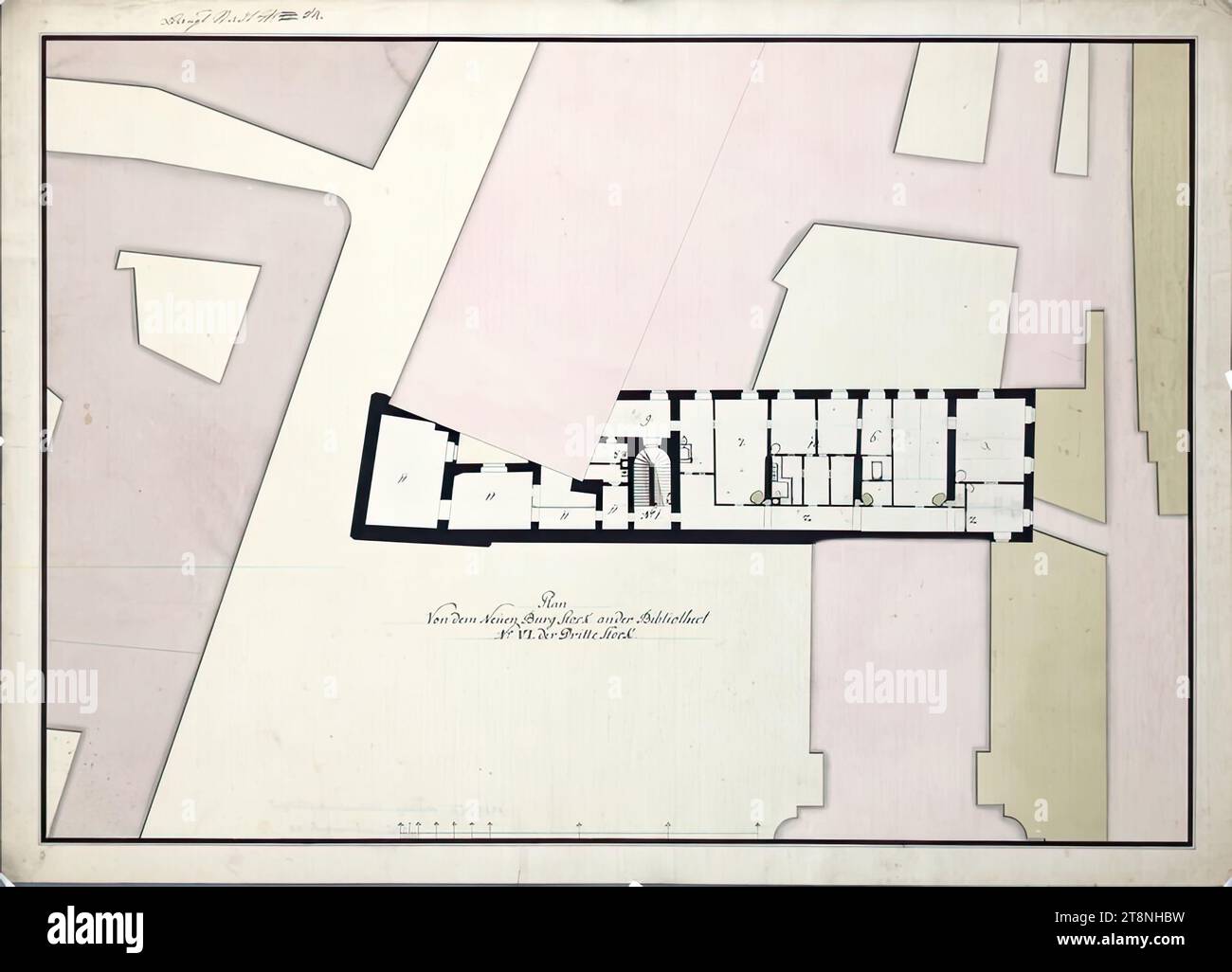 Vienna i, Hofburg, Augustinertrakt, nuovo progetto edilizio, terzo piano, planimetria (variante II), 1775, planimetria, gesso (disegno preliminare); penna e inchiostro nero; lavaggio multicolore, foglio: 45 x 62,4 cm, recto: 'planimetria, von dem Neuen Burg Stock an der Bibliothect, N°.vi Al terzo piano."; "Baupl City No. 54." Camere numerate e parzialmente incise verso: 'Stadt i, 54 Foto Stock