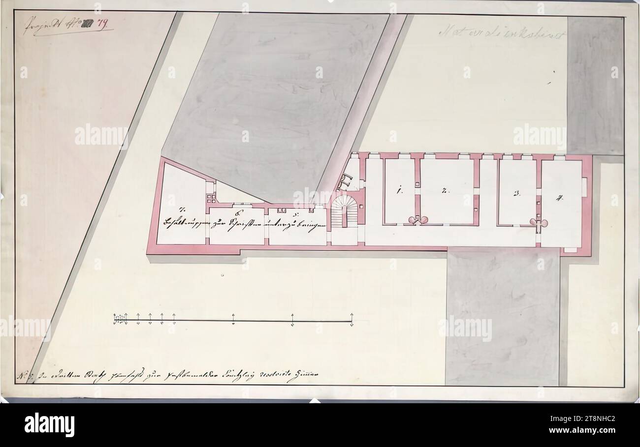 Vienna i, Hofburg, Augustinertrakt, 3° piano, piano terra (copia basata sulla variante B), 1775, pianta, gesso (disegno preliminare); penna in nero; lavaggio multicolore, foglio: 30,6 x 48,9 cm, recto: 'N°:5.'; 'al terzo piano anche alla prima sala risolta Cantzley segnalata'; 'progetto No. 79'. verso: 'No 79, D-i Foto Stock