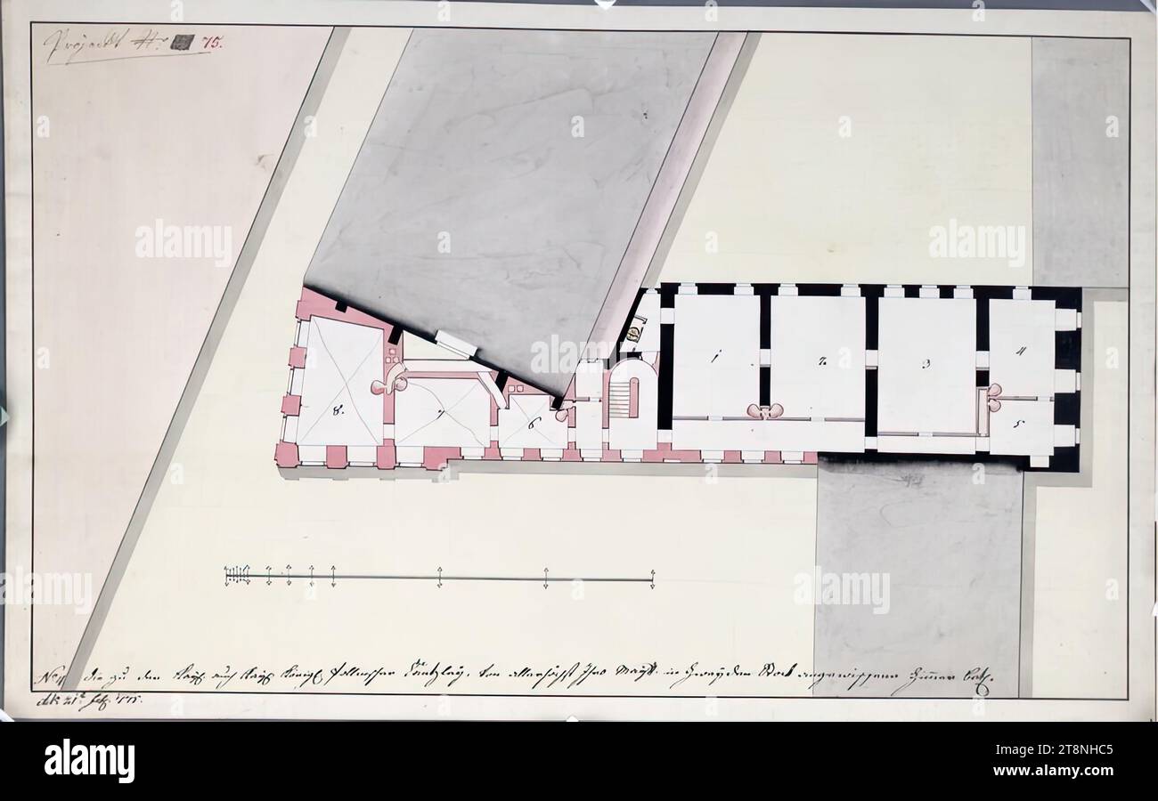 Vienna i, Hofburg, Augustinertrakt, 2° piano, planimetria (copia basata sulla variante B), 1775, planimetria, gesso (disegno preliminare); penna e inchiostro in nero; lavaggio multicolore, foglio: 30,5 x 48,9 cm, recto: 'N°:4'; 'al kayl: Anche kayl: königl: Polacco Cantzley, dal più alto il tuo Maytt: inzweyden Floor designated room bet."; "Project No. 75" verso: "75 Foto Stock