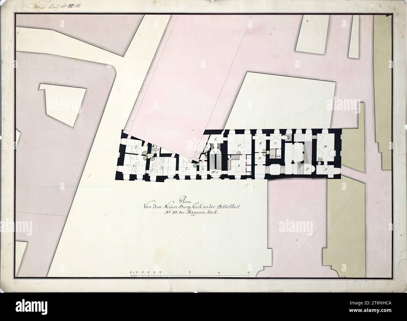 Vienna i, Hofburg, Augustinertrakt, nuovo progetto edilizio, soppalco, planimetria (variante II), 1775, planimetria, gesso (disegno preliminare); penna e inchiostro nero; lavaggio multicolore, foglio: 45 x 62,4 cm, recto: 'planimetria, von dem Neuen Burg Stock an der Bibliothect, N°.III Piano rialzato."; "piano. città n. 51." Camere numerate e parzialmente incise verso: 'Stadt i, 51 Foto Stock