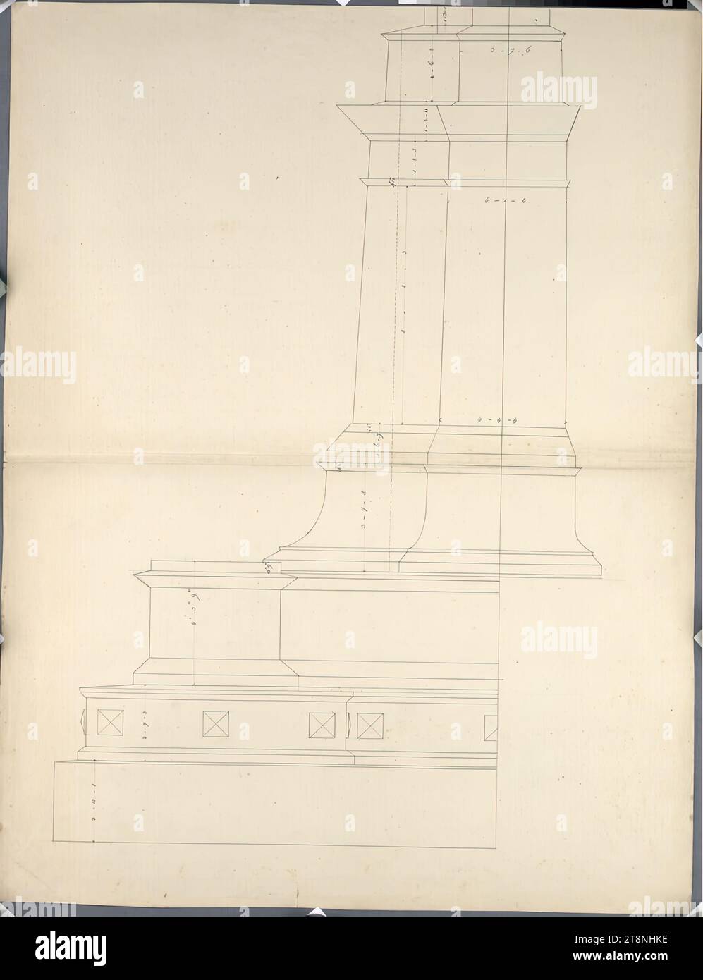 Vienna i, Hofburg, cortile interno, monumento dell'Imperatore Francesco, vista a mezza pagina della base, Pompeo Marchesi (Saltrio vicino a Varese 1789 - 1858 Milano), 1841, pianta, grafite (disegno preliminare); penna in nero, foglio: 64 x 48,9 cm, misure Foto Stock