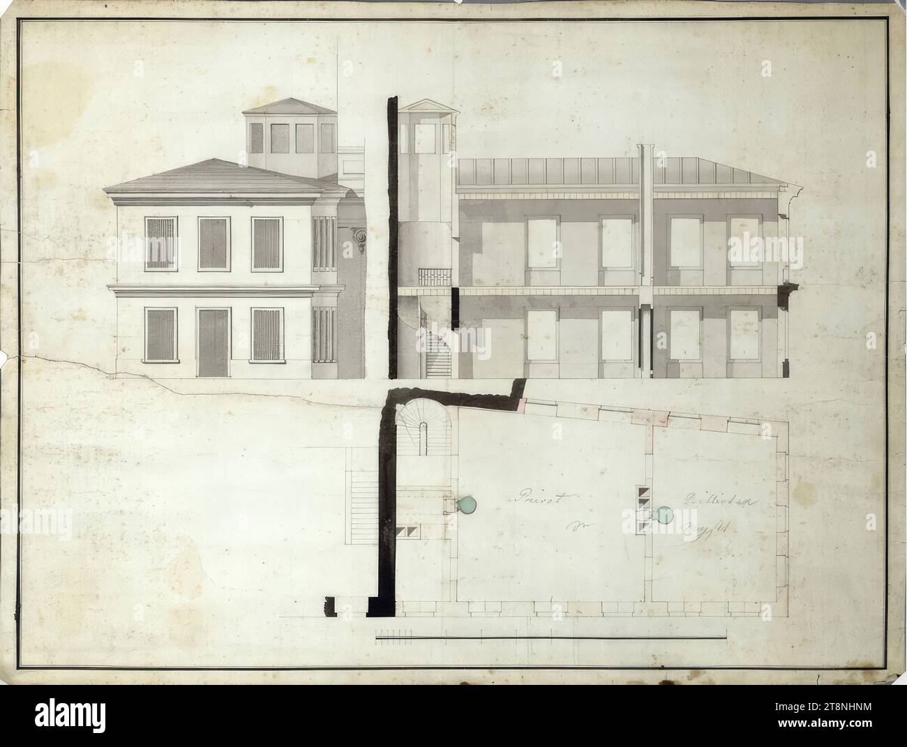 Vienna i, Hofburg, ala Schlossergang, ampliamento della biblioteca privata imperiale, piano terra del 2° piano (3° piano), elevazione della facciata suburbana e sezione longitudinale, 1796, disegno architettonico, gesso (disegno preliminare); penna e inchiostro in nero; lavaggio grigio, rosa e turchese, foglio: 47,3 x 62,1 cm, "Privat, Bibliothek, Sr, Majst" (a matita), verso: "Privatbbl" (a matita), calcolo Foto Stock