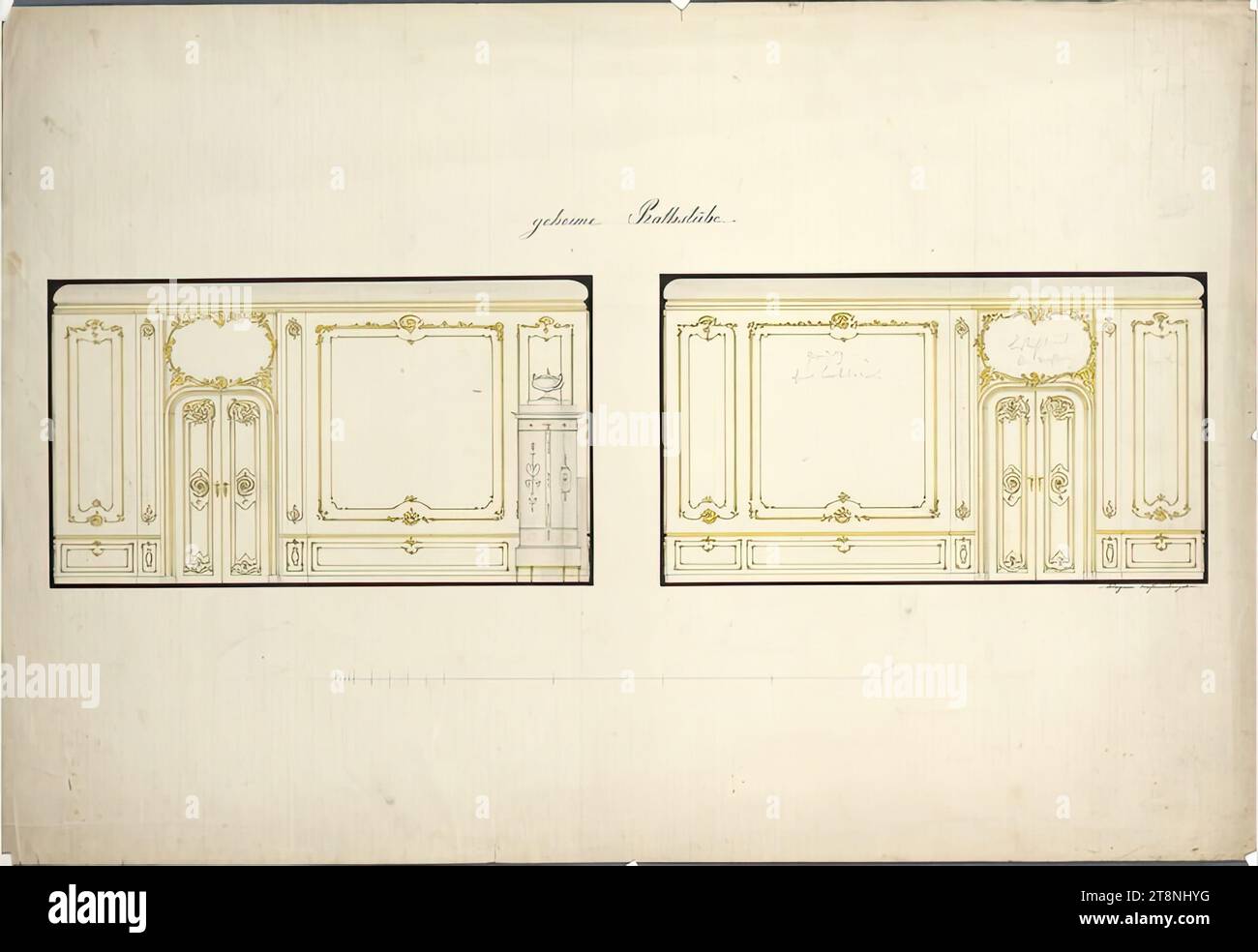 Vienna i, Hofburg, ala Leopoldine, sala segreta del Consiglio, vista murale, 1829-1838, disegno architettonico, grafite (disegno preliminare); penna in nero; lavaggio color oro e grigio, foglio: 43,3 x 63,2 cm, recto: "geheime Rathstube". verso: "348/838"; "829"; "No. 295. Città Foto Stock