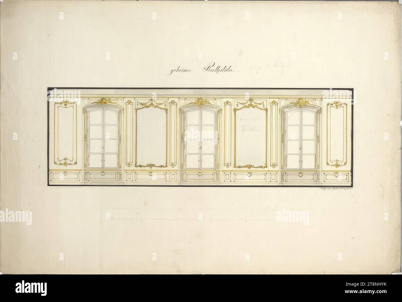 Vienna i, Hofburg, ala Leopoldine, sala segreta del Consiglio, vista murale, 1829-1838, disegno architettonico, grafite (disegno preliminare); penna in nero; lavaggio color oro e grigio, foglio: 43,3 x 63,2 cm, recto: "geheime Rathstube". verso: "348/838"; "829"; "No. 295. Città Foto Stock
