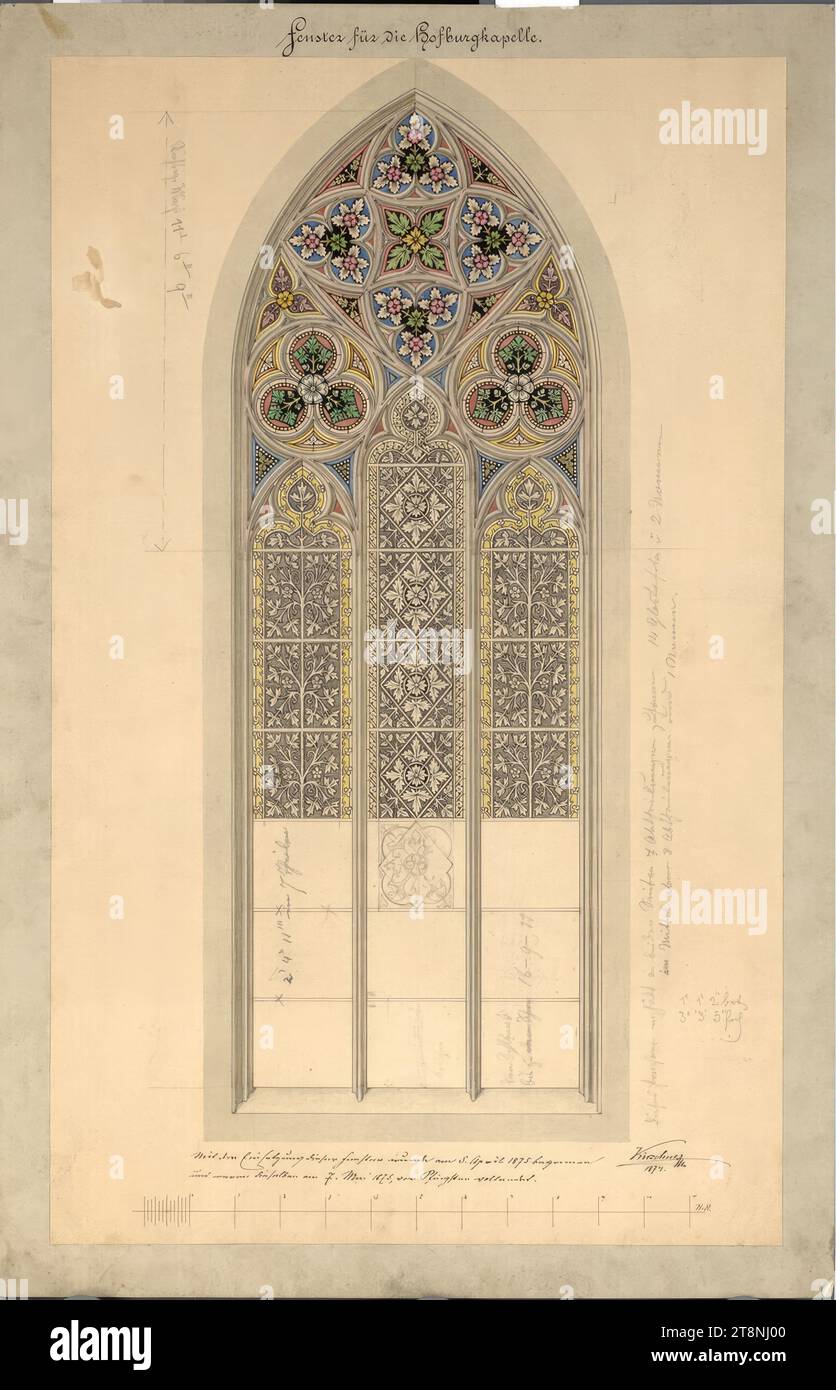 Vienna i, Hofburg, Schweizerhof, cappella Hofburg, disegno per la nuova vetrata della finestra nell'apice del coro, 1874, disegno architettonico, grafite (disegno preliminare); penna in nero; lavaggio multicolore, foglio: 61,2 x 40,1 cm, 'finestra per la Cappella Hofburg'; 'l'installazione di queste finestre è iniziata il 5 aprile 1875, e sono state completate il 7 maggio 1875, prima di Pentecoste.'; diverse iscrizioni per distribuire le finestre Foto Stock